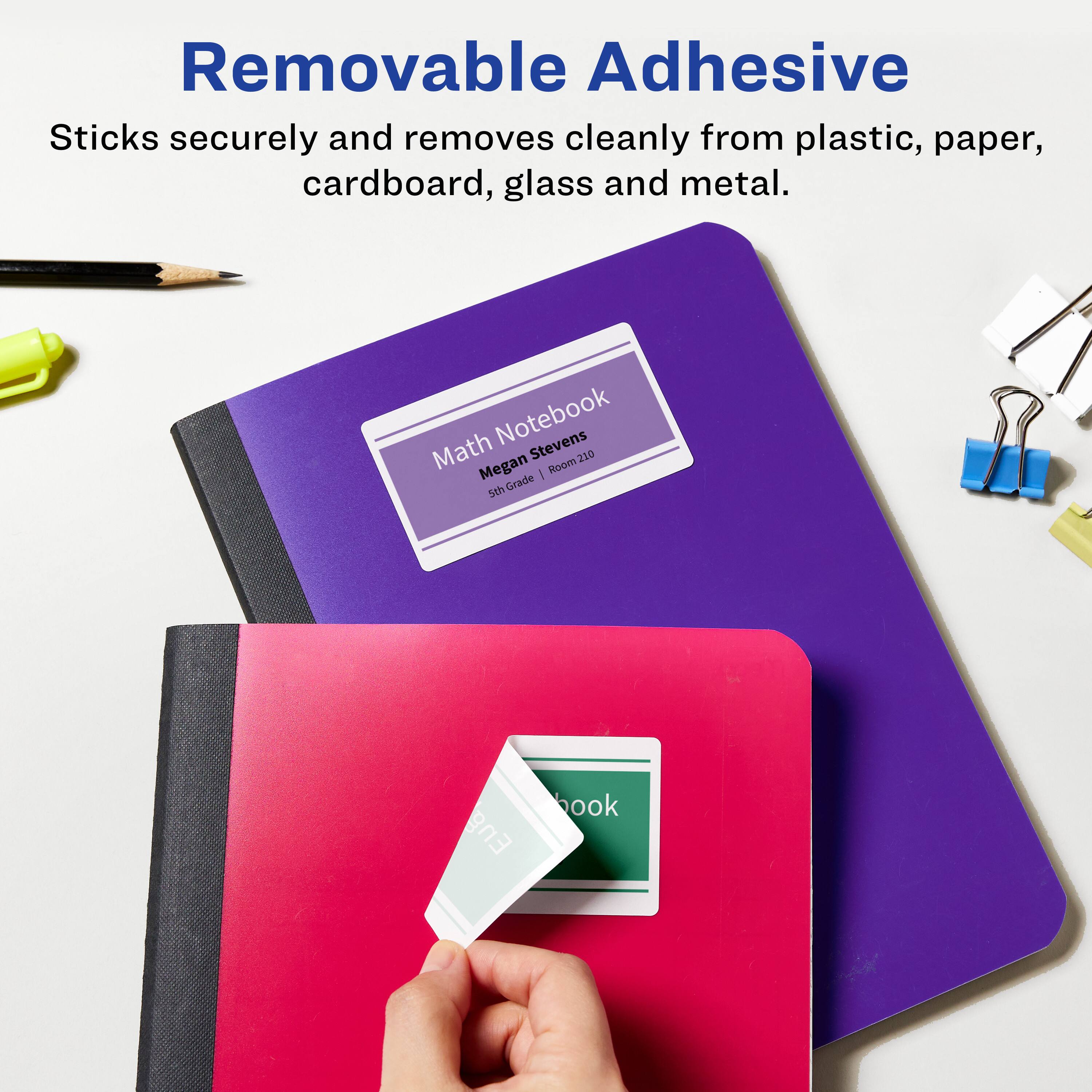 Removable Adhesive  
Sticks securely and removes cleanly from plastic, paper, cardboard, glass and metal.  

Notebook  
Stevens  
Math  
Megan  
Room 210  
210  
5th Grade  
Eng book