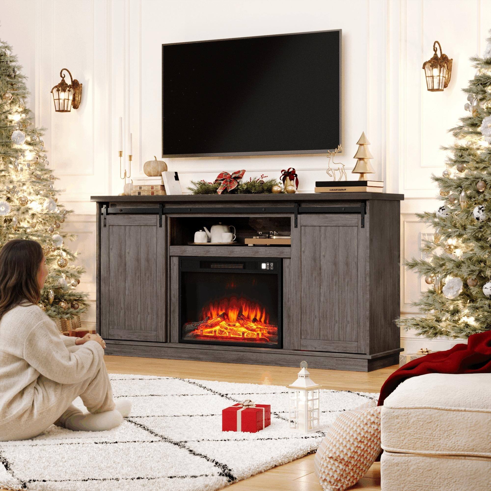 Alt View 6. U-HOMY - 63" Farmhouse Fireplace TV Stand with Sliding Barn Doors, Adjustable Shelves and Electric Heater for TVs up to 65" - Teak.