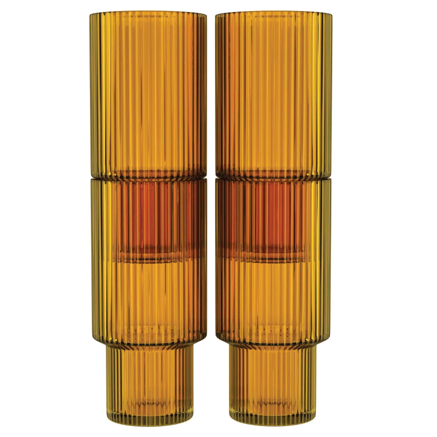 Angle. American Atelier - Set of 4 Ribbed Amber Highball Glasses | 11 oz Tall Drinkware - Amber.