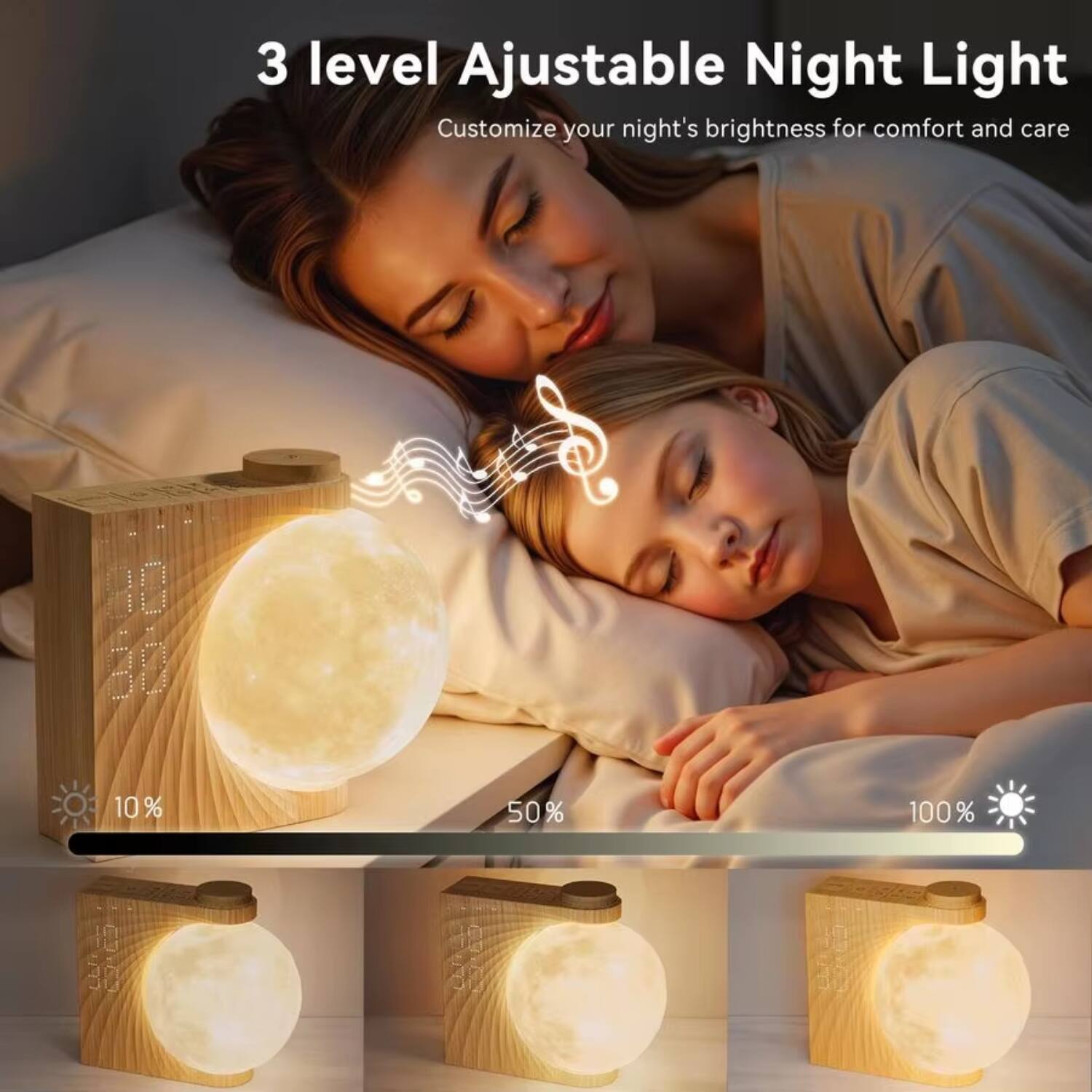 3 level Adjustable Night Light  
Customize your night's brightness for comfort and care  
10% 50% 100%