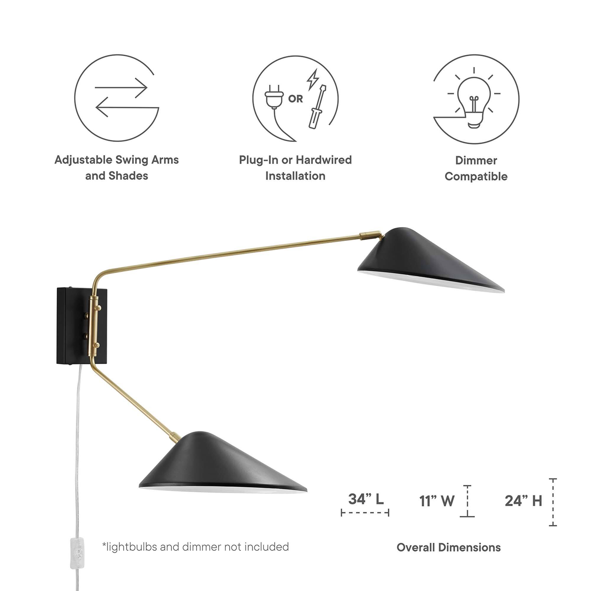 Adjustable Swing Arms and Shades  
Plug-In or Hardwired Installation  
Dimmer Compatible  

Overall Dimensions:  
34" L x 11" W x 24" H  

*Lightbulbs and dimmer not included