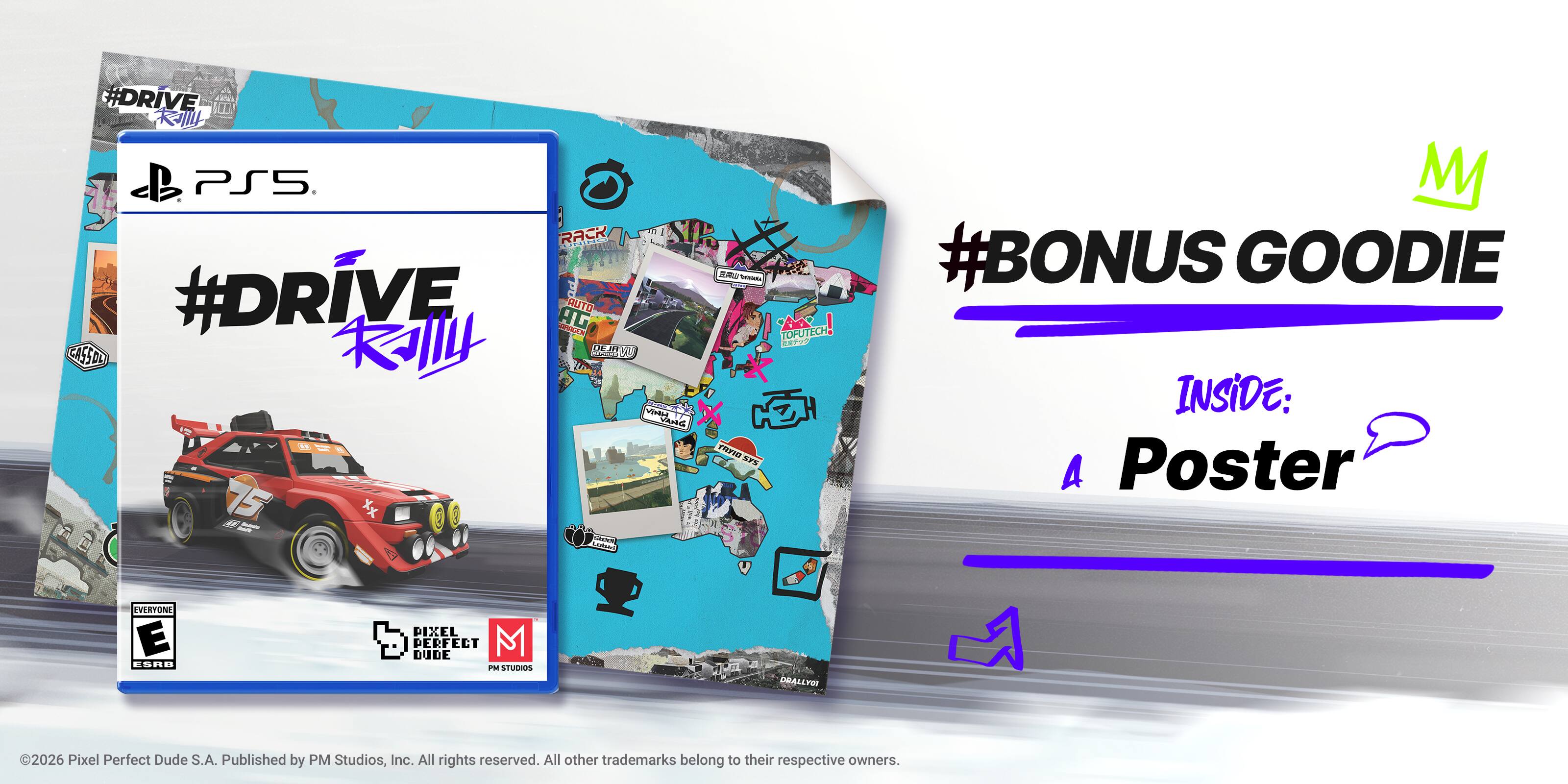 ##DRIVE PS5 RACK L #DRIVE IUs AG AUTO CASSOD CI : vnd 15 B5 UB - I . TOFUTECH RE TREFIO Ars M #BONUS GOODIE INSIDE: A Poster ESRB PIXEL DUDE PERFECT M M STUDIOS DEALLYDO 2026 Pixel Perfect Dude S.A. Published by PM Studios, Inc. All rights reserved. All other trademarks belong to their respective owners.