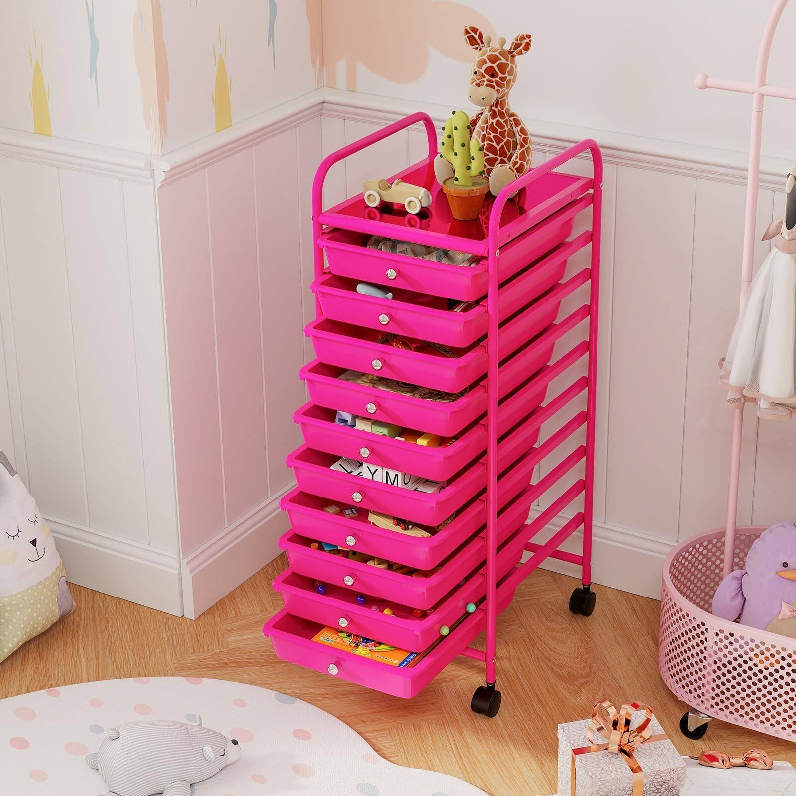 Alt View 8. Ecooso - 10-Drawer Rolling Storage Cart with Universal Casters, Mobile Drawer Organizer for Craft Room and Home Storage - Pink.