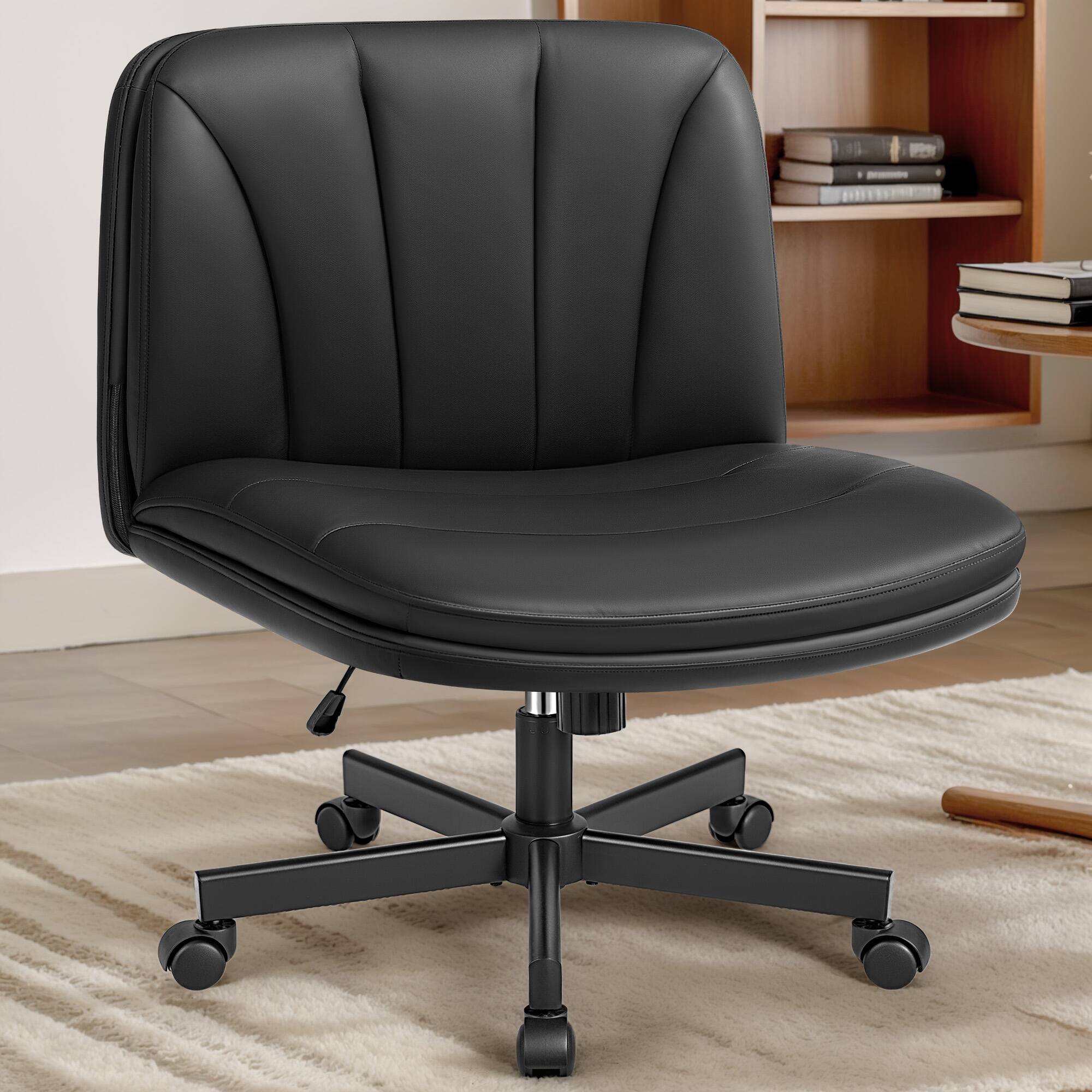 Front. Brick Attic - Criss Cross Office Chair with Wheels, Armless Wide Dressing Table Chair with Backrest Comfortable PU Leather - Black.