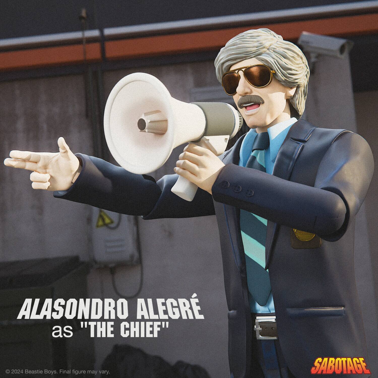 The corrected text is:

"ALASANDRO ALEGRE as 'THE CHIEF' 2024 Beastie Boys. Final figure may vary. SABOTAGE"