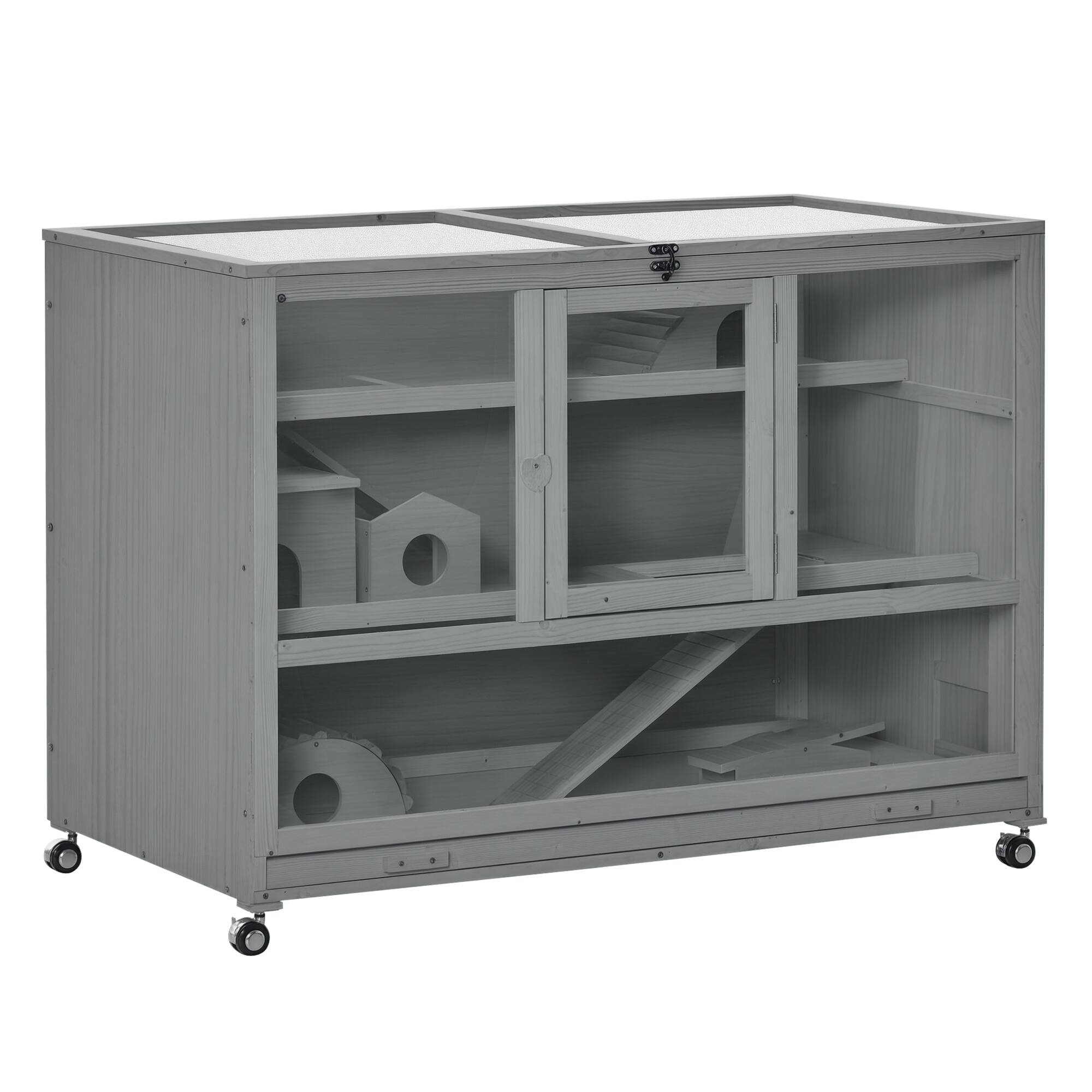 Front. Pawhut - Wooden Large Hamster Cage with Seesaw, Wheels, Small Animal Cage, Habitat, 3-Tier Hamster Habitat with Ladder.