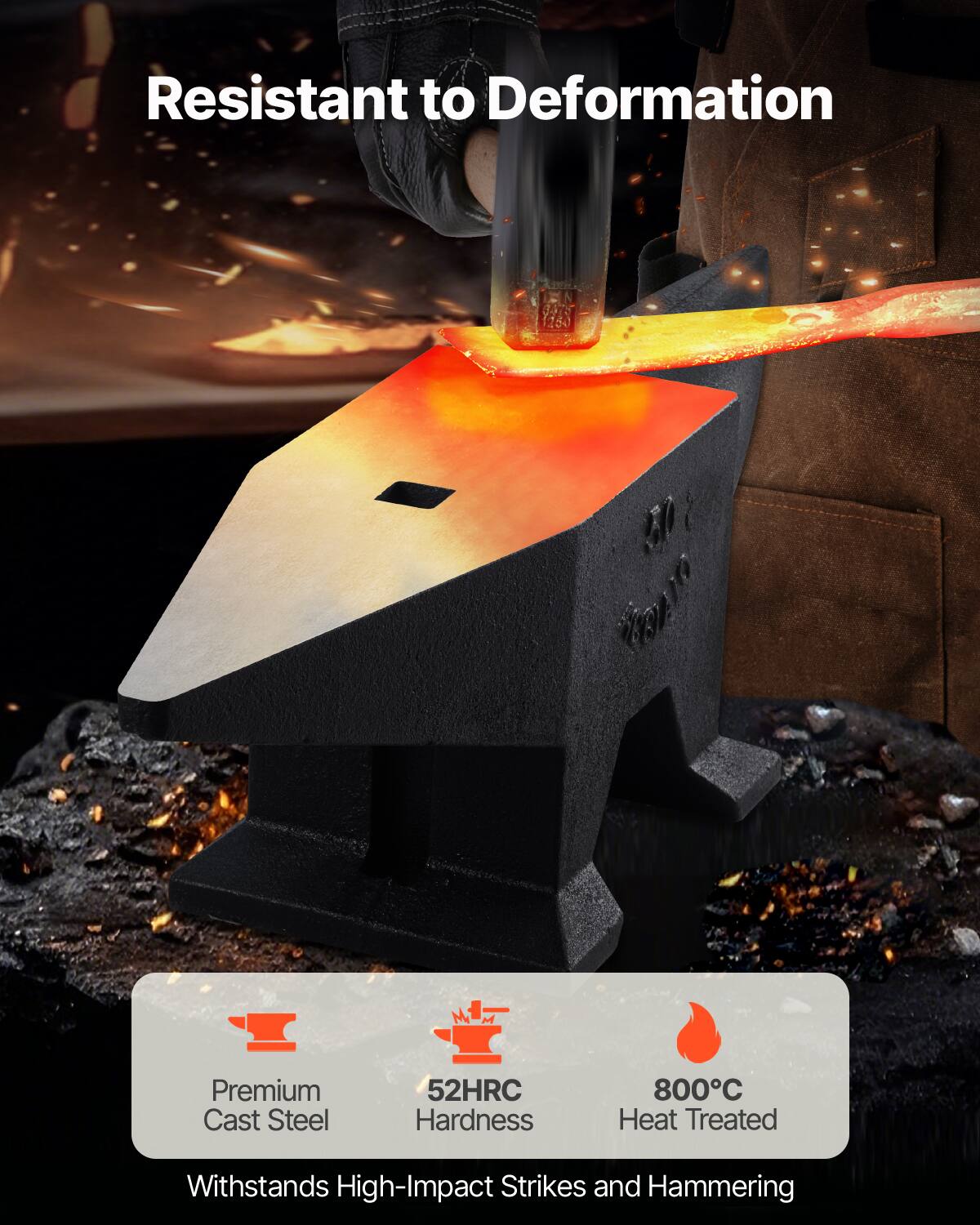 Resistant to Deformation

Premium Cast Steel  
52HRC Hardness  
800°C Heat Treated  
Withstands High-Impact Strikes and Hammering
