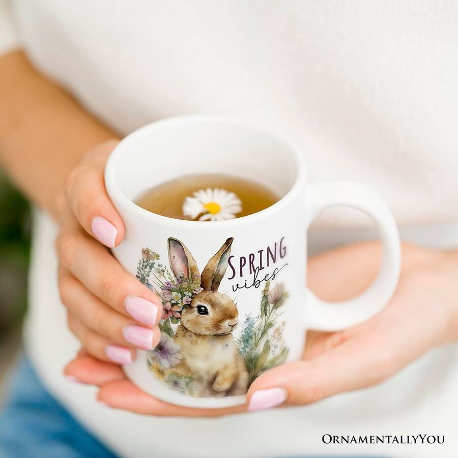 Sentimental Spring Mugs OrnamentallyYou Artistic Watercolor Spring Vibes Mug, Floral Bunny ...