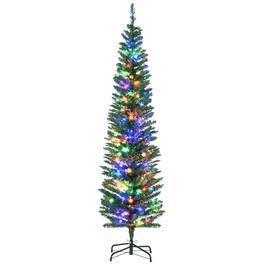 Homcom - Prelit Pencil Artificial Christmas Tree, 390 Branches, 150 Colorful LEDs, Steel Base - Green