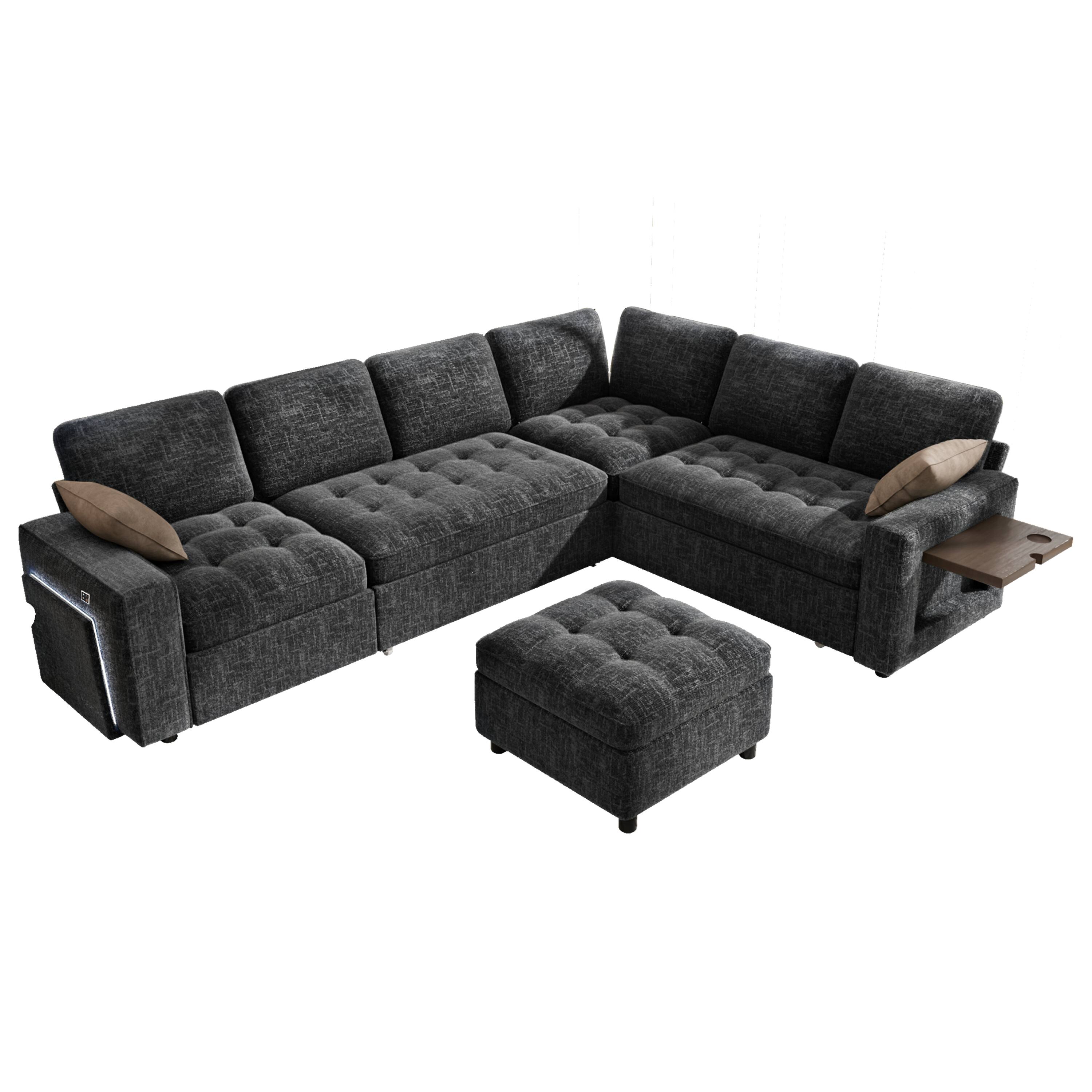 Left. Vipbear - 8 Seat U Shaped Modular Sectional Sleeper Sofa Bed with Pull Out Bed/Reclining Backrest/USB Ports/Storage Seat - Black.