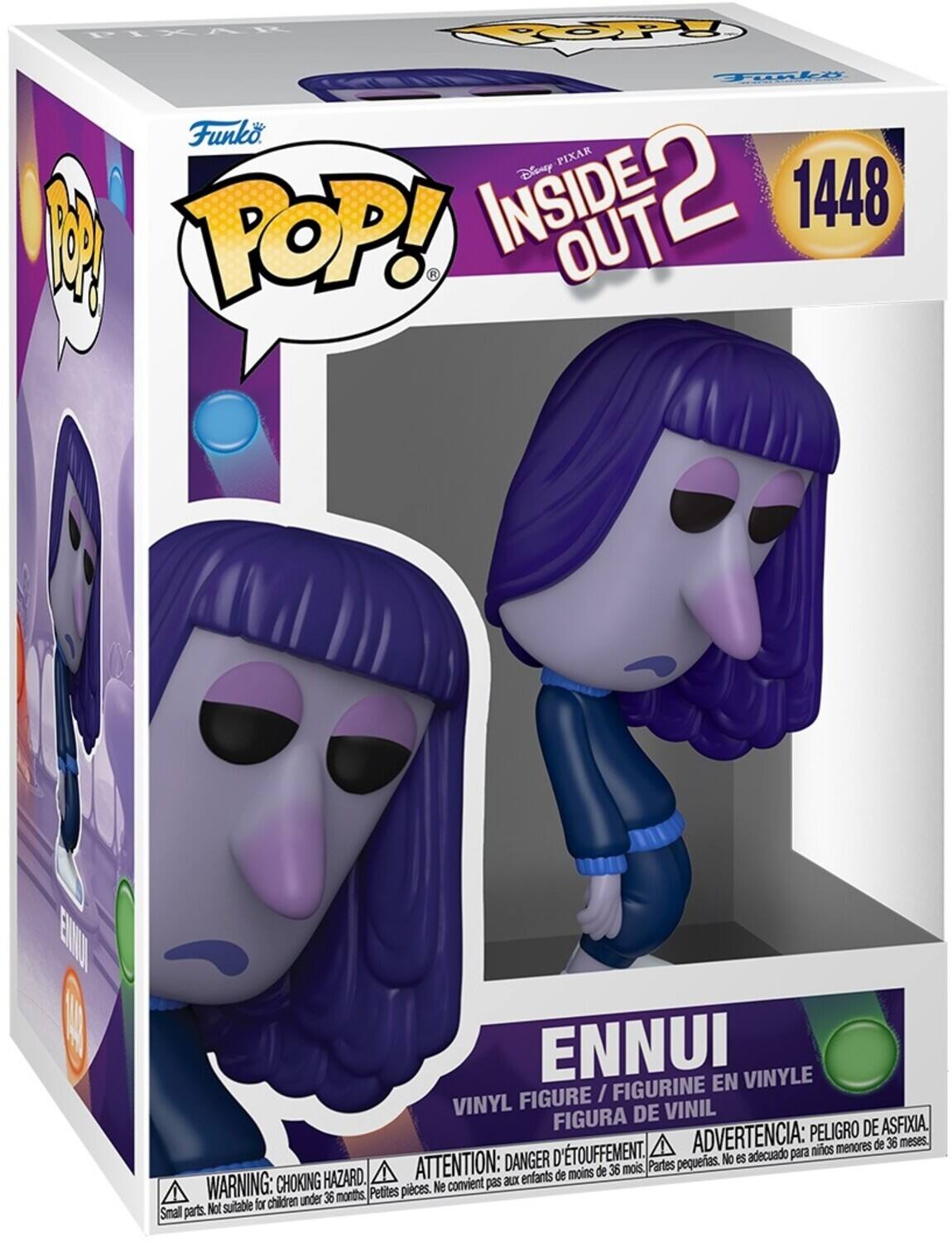 Sure, here is the corrected and grouped text from the image:

---

**Funko POP!**

**Disney PIXAR INSIDE OUT 2**

**1448**

**ENNUI**

**VINYL FIGURE / FIGURINE EN VINYLE / FIGURA DE VINIL**

**WARNING: CHOKING HAZARD. Small parts. Not suitable for children under 36 months.**

**ATTENTION: DANGER D'ÉTOUFFEMENT. Petites pièces. Ne convient pas aux enfants de moins de 36 mois.**

**ADVERTENCIA: PELIGRO DE ASFIXIA. Partes pequeñas. No es adecuado para niños menores de 36 meses.**

---