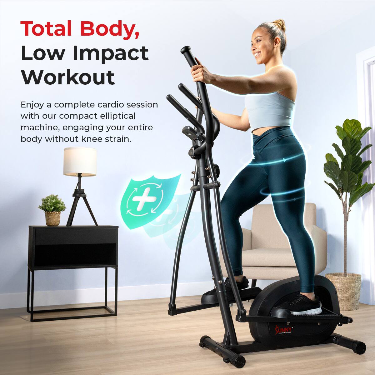 Total Body, Low Impact Workout
Enjoy a complete cardio session with our compact elliptical machine, engaging your entire body without knee strain. + SUNNY - i