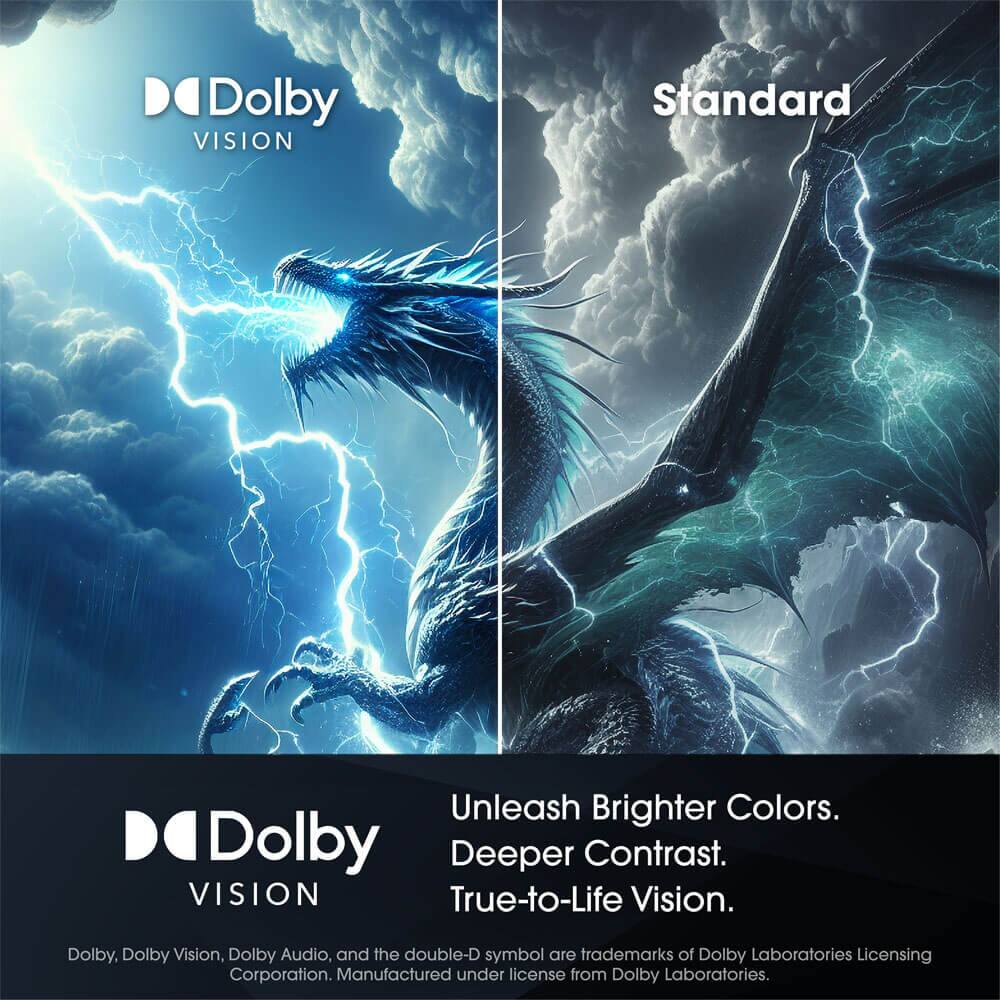 Dolby Vision Standard  
Unleash Brighter Colors.  
Deeper Contrast.  
True-to-Life Vision.  

Dolby, Dolby Vision, Dolby Audio, and the double-D symbol are trademarks of Dolby Laboratories Licensing Corporation. Manufactured under license from Dolby Laboratories.