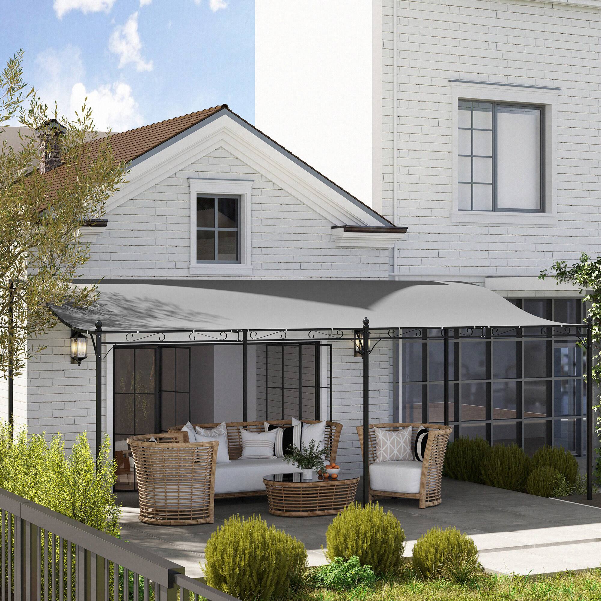 Alt View 4. Outsunny - 10' x 18' Outdoor Pergola Canopy, Wall-Mounted Metal Patio Canopy with Weather-Resistant Fabric - Dark Gray.