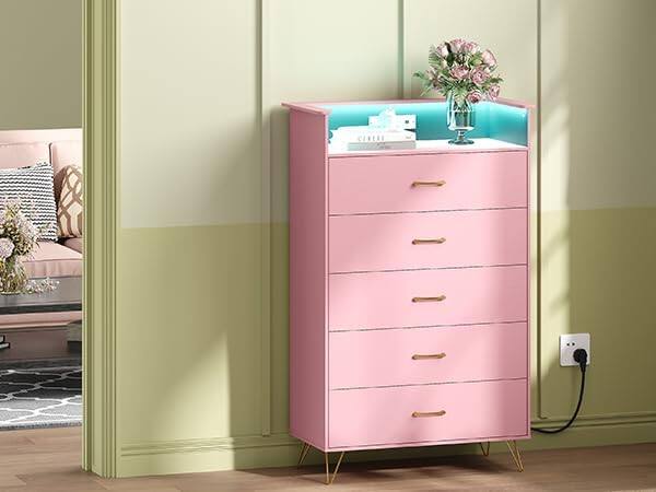Alt View 4. Homhougo - Modern 5-Drawer Tall Dresser for Bedroom, Wood Chest of Drawers with Silent Closing Slides, Water-Resistant White - Pink.