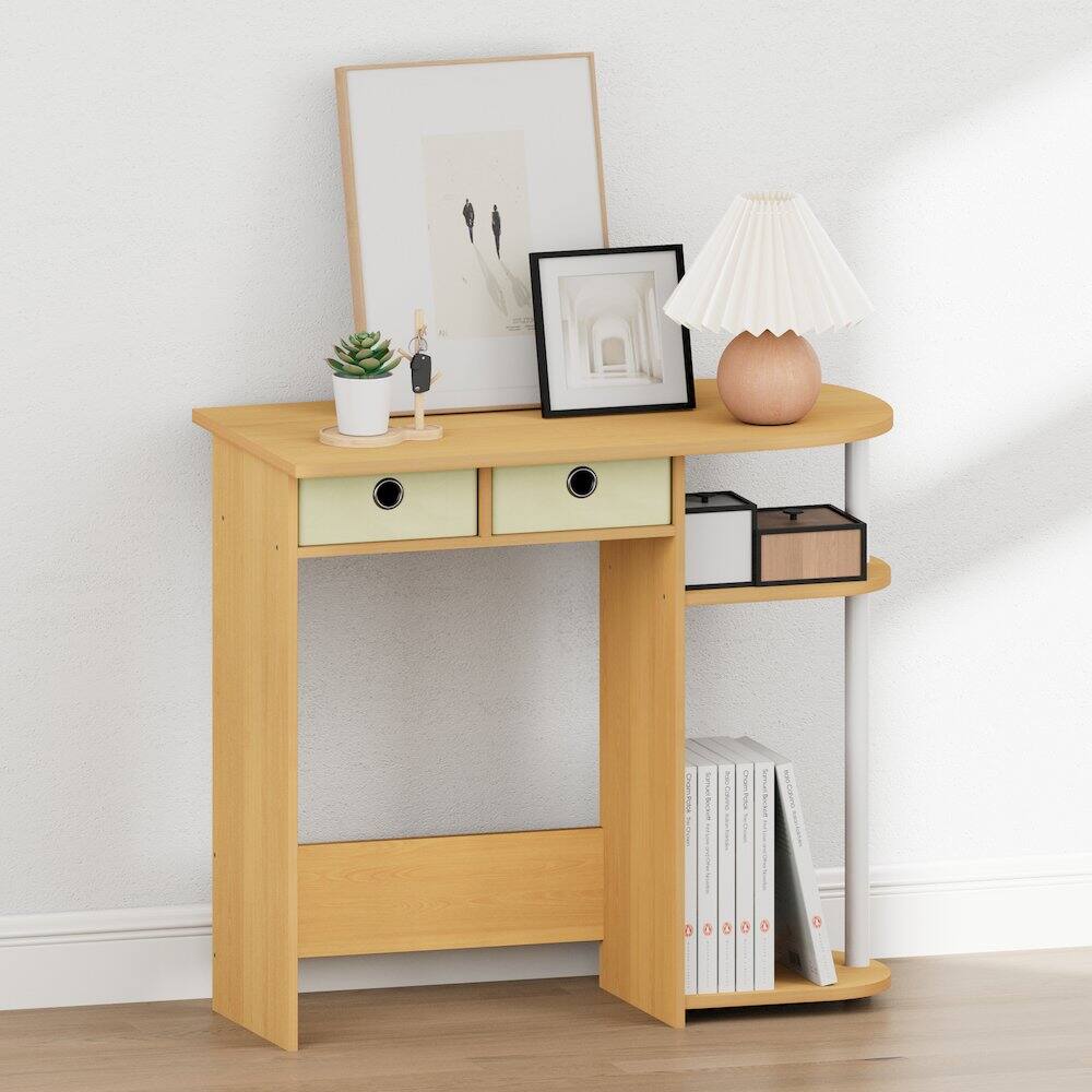 Back. Furinno - JAYA 32-Inch Oak Entryway Table with 2 Fabric Drawers, Console Table with Open Shelves, Behind Sofa Couch Tables - Beech/Ivory/White.