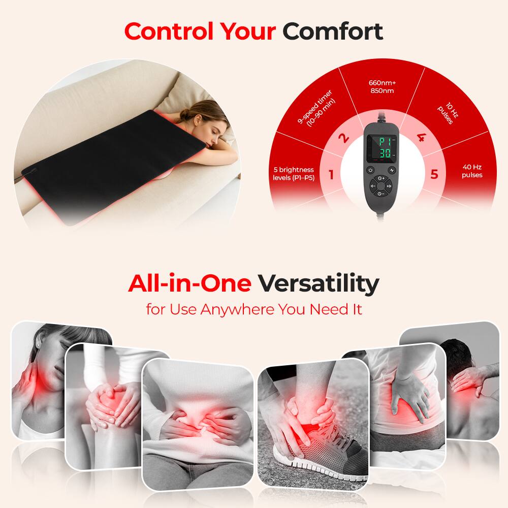 Control Your Comfort

- 9-speed timer (10-90 min)
- 5 brightness levels (P1-P5)
- 660nm+ 850nm
- 10Hz 10 pulses
- 40 Hz 5 pulses

All-in-One Versatility for Use Anywhere You Need It