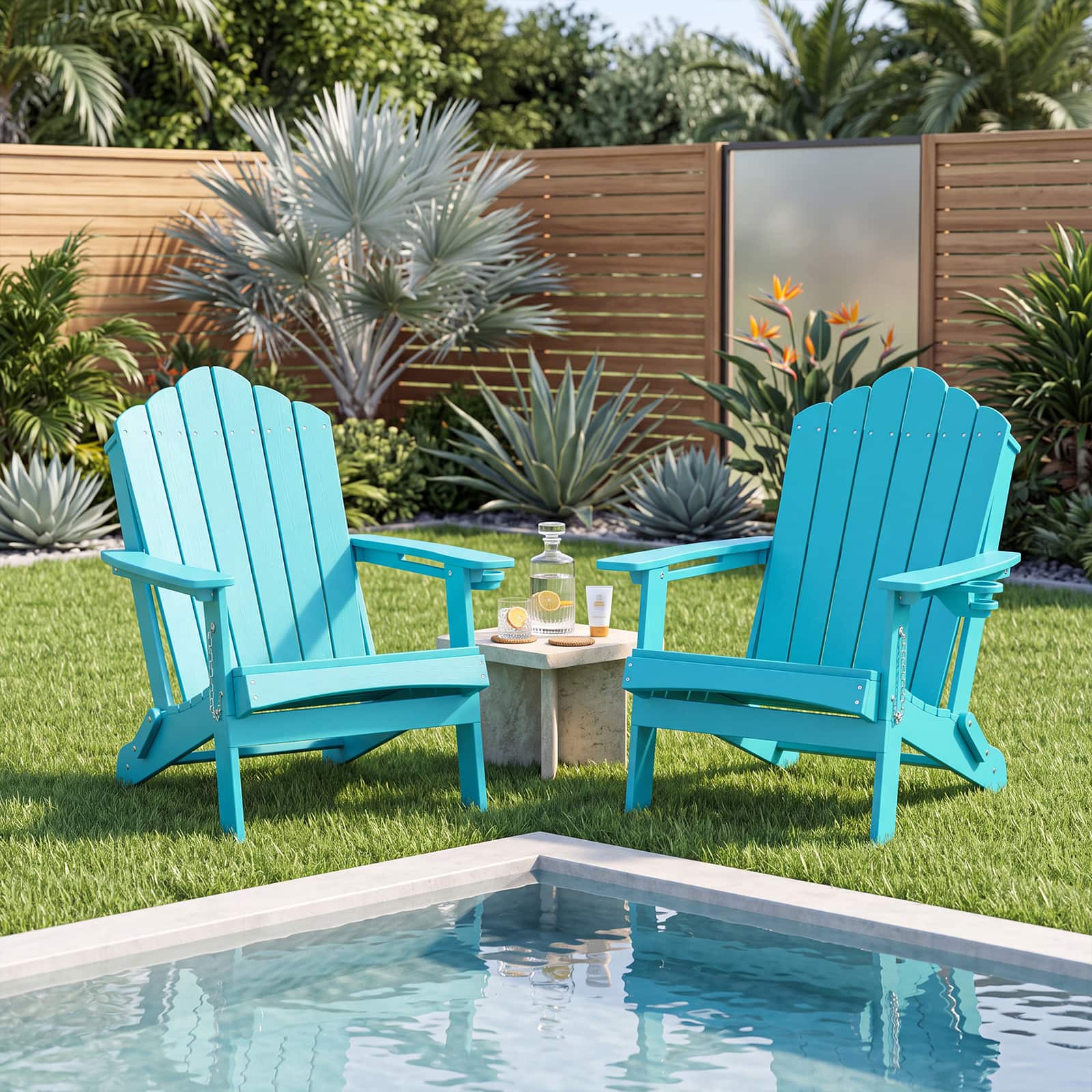 Gymax - 2PCS Patio Folding Adirondack Chair Weather Resistant Cup Holder Yard - Turquoise