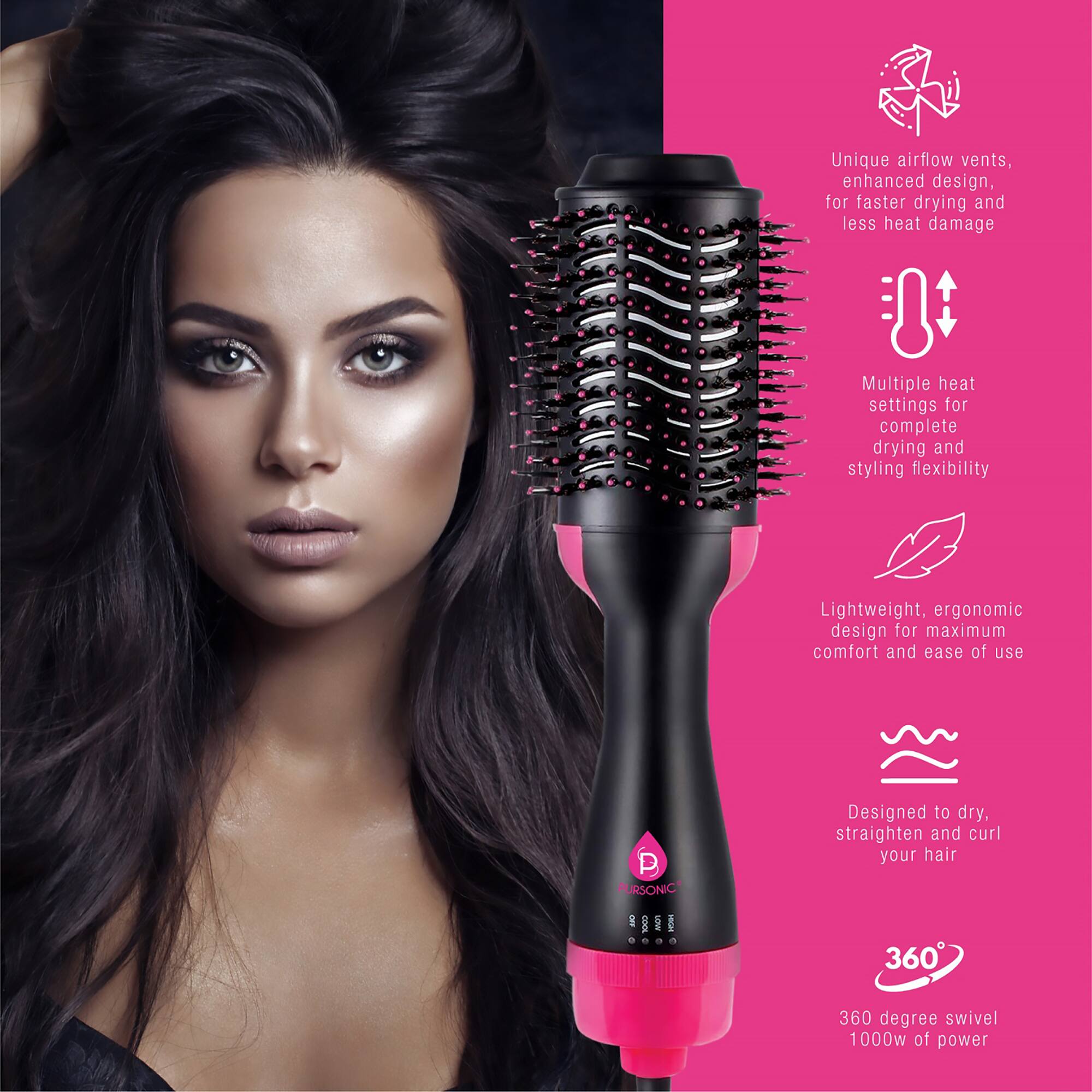 Unique airflow vents, enhanced design, for faster drying and less heat damage  
Multiple heat settings for complete drying and styling flexibility  
Lightweight, ergonomic design for maximum comfort and ease of use  
Designed to dry, straighten and curl your hair  
360° swivel  
1000w of power