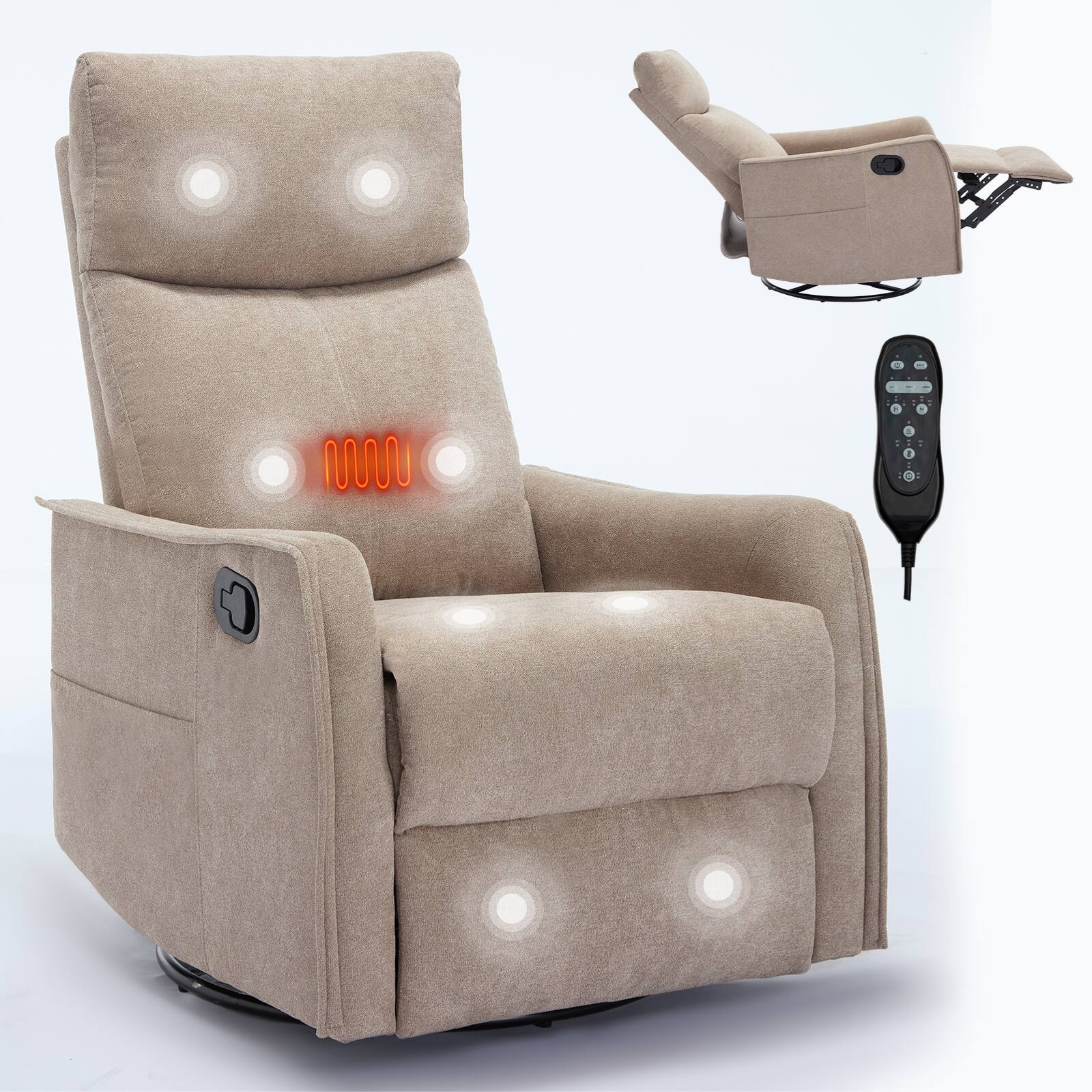 Front. LUCKY ONE - Heat Massage Manual Recliner Chair with Rocker and Swivel - Khaki.
