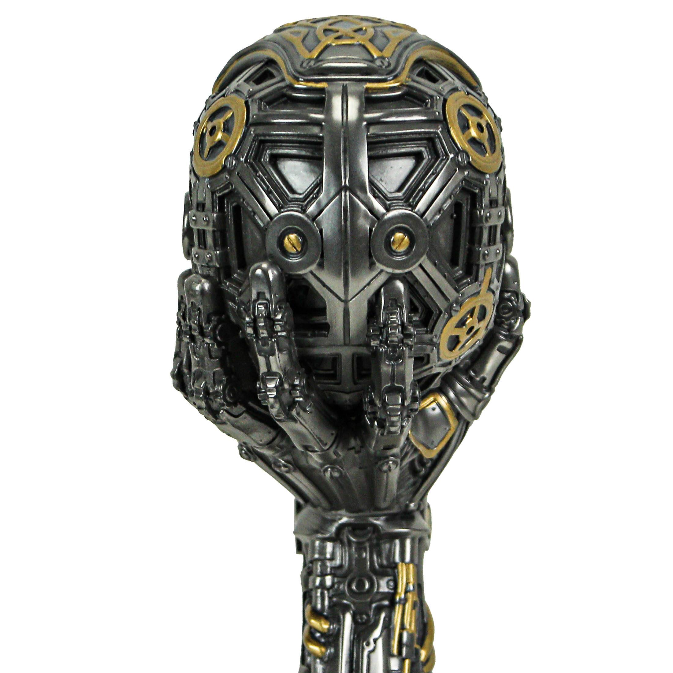 Alt View 3. Veronese Design - Silver / Gold Finished Steampunk Human Skull Statue - Robotic Arm Base - Multicolored.