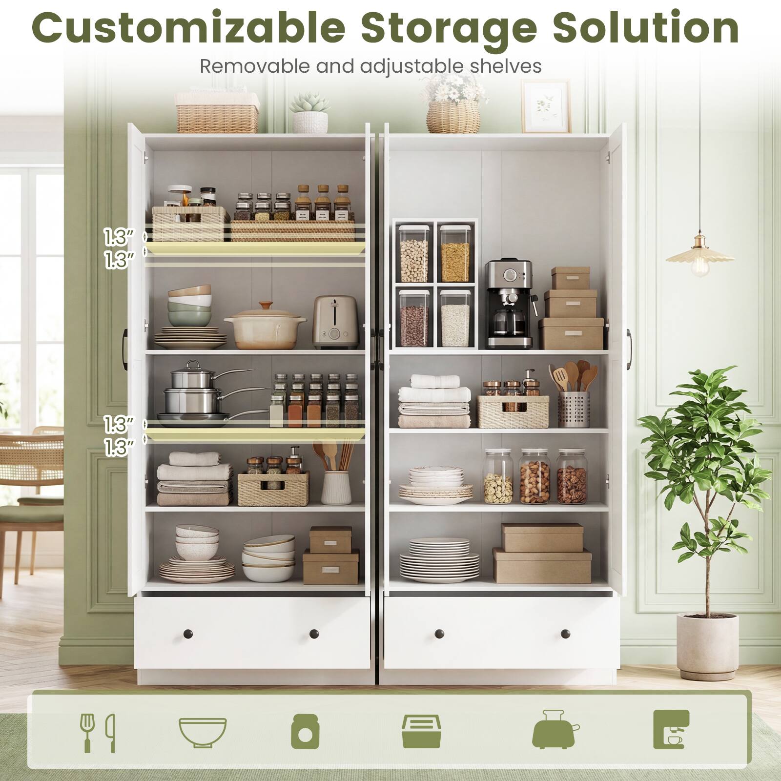 Customizable Storage Solution  
Removable and adjustable shelves  

1.3"  
1.3"  
1.3"  
1.3"