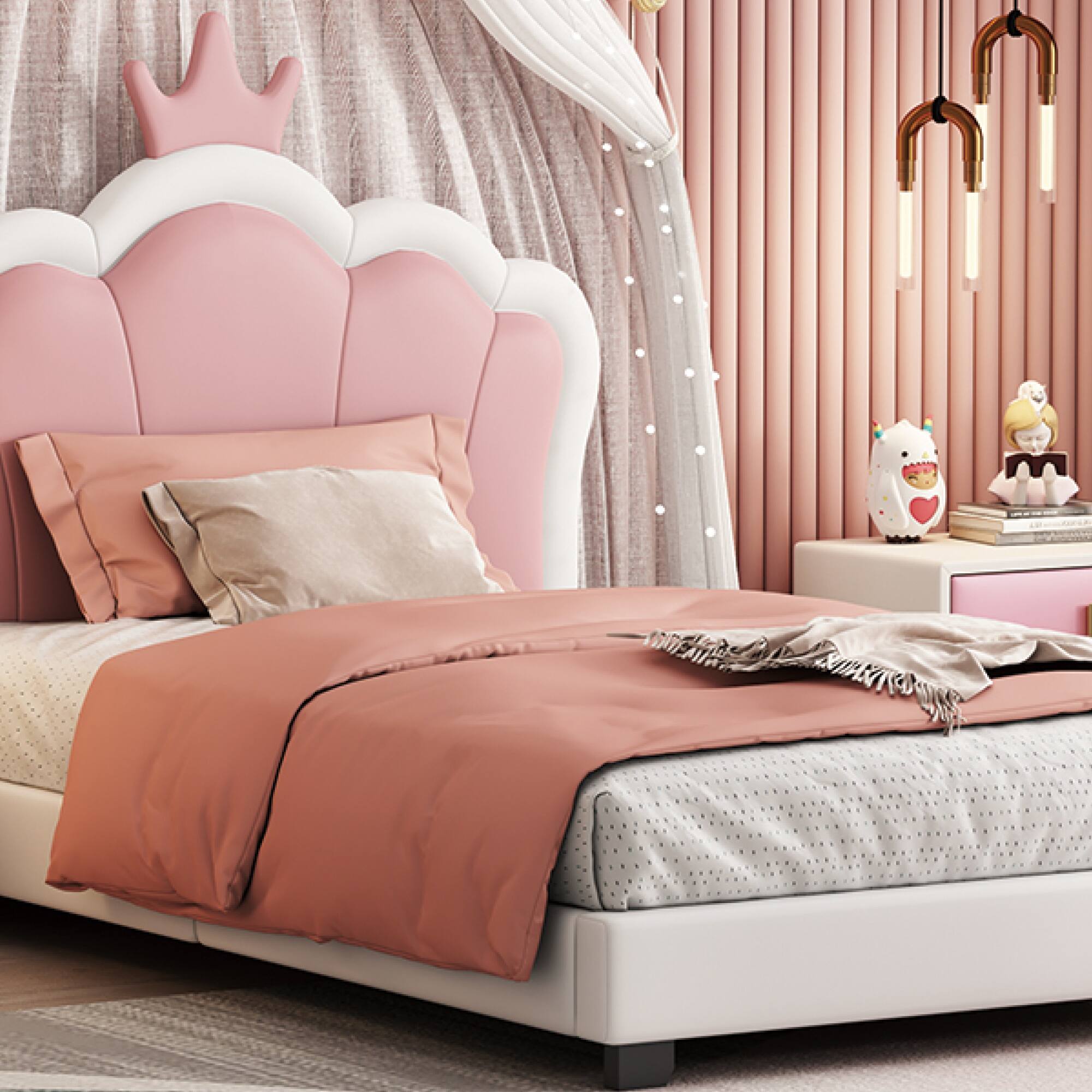 Alt View 9. GOODSILO - Twin Size Crown Headboard Upholstered Platform Bed with Headboard and Footboard for Girls Bedroom - Cream.
