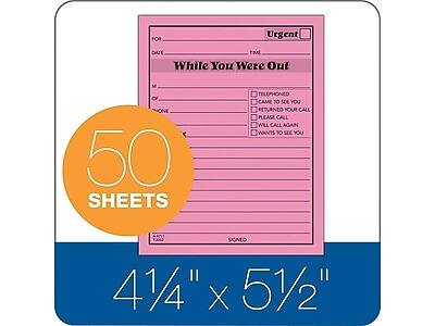 FOR  
DATE  
TIME  

Urgent  

While You Were Out  

M  
OF  
ONE  

TELEPHONED  
CAME TO SEE YOU  
RETURNED YOUR CALL  
PLEASE CALL  
WILL CALL AGAIN  
WANTS TO SEE YOU  

SIGNED  

50 SHEETS  

4 1/4" x 5 1/2"