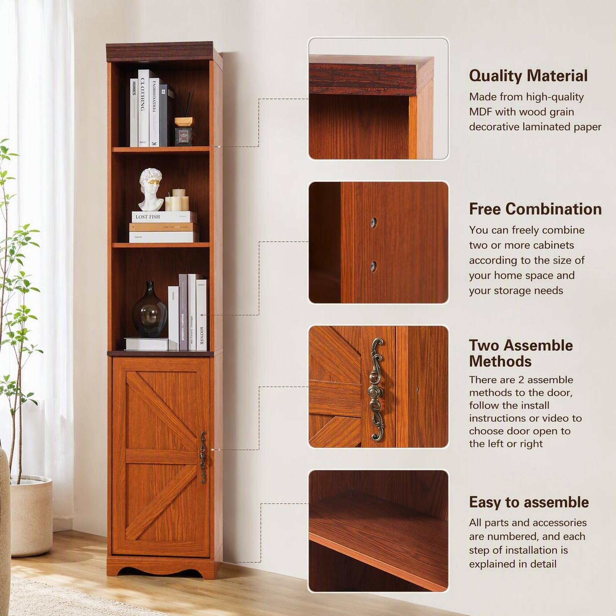 CLOTHING
FACOGOLLENZA

Quality Material
Made from high-quality MDF with wood grain decorative laminated paper

Free Combination
You can freely combine two or more cabinets according to the size of your home space and your storage needs

Two Assemble Methods
There are 2 assemble methods to the door, follow the install instructions or video to choose door open to the left or right

Easy to assemble
All parts and accessories are numbered, and each step of installation is explained in detail