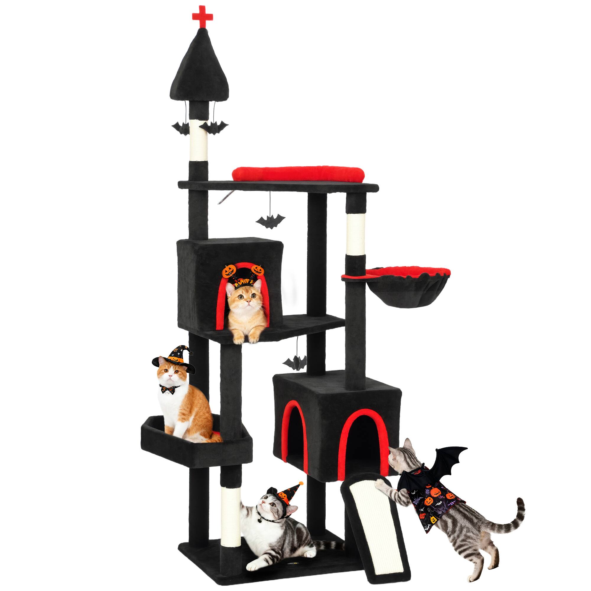 Front. Pawhut - Cat Tree, 80" Multi-Level Large Cat Tower for Multiple Indoor Kittens, w/2 Condos, 2 Perches, 2 Hammocks, 6 Sisal Posts - Black.