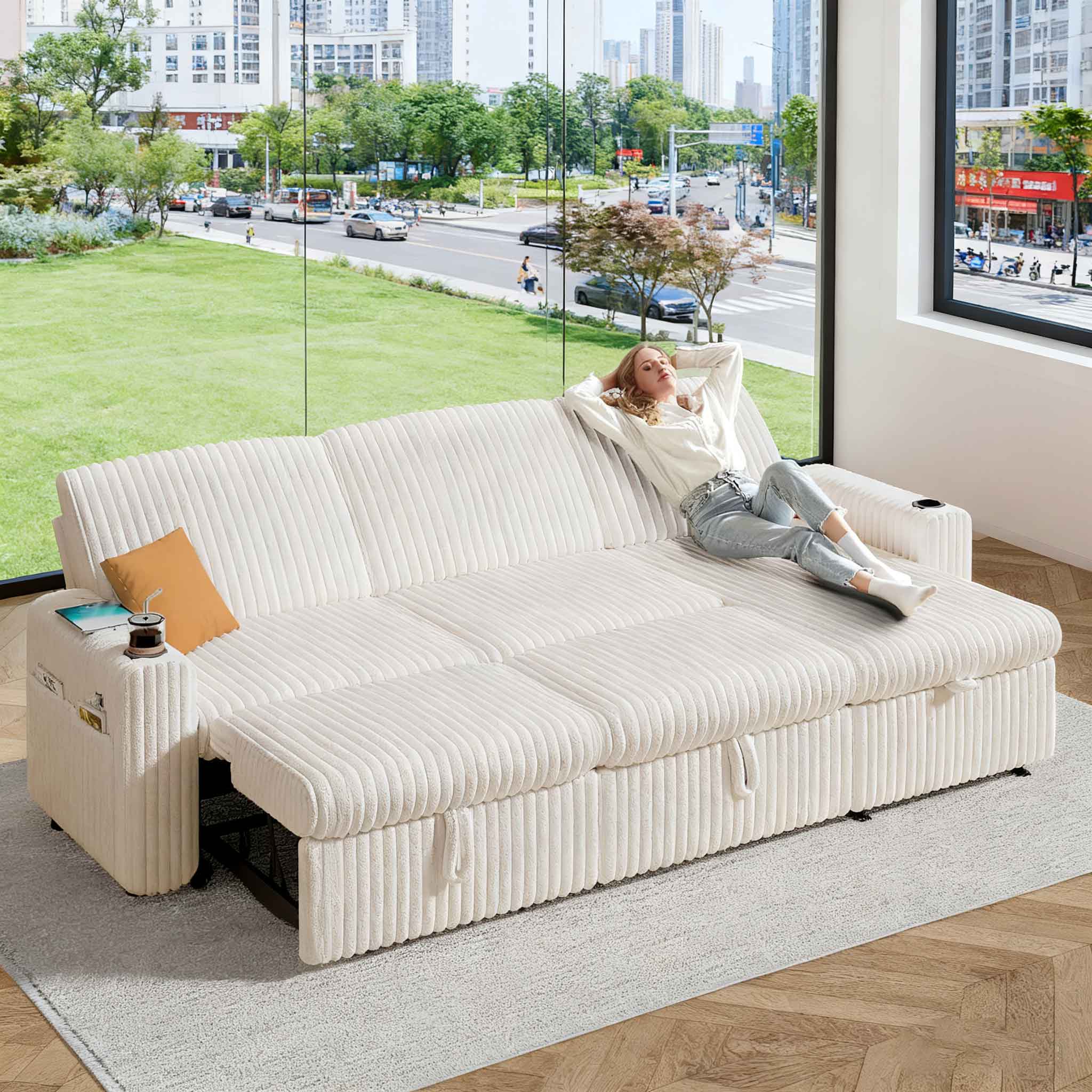 Front. Vipbear - Vipbear 101" Sectional Sleeper Sofa Bed with Pull Out Bed, L Shaped Couch Sleeper Sofa,Plush Corduroy Beige - Beige.