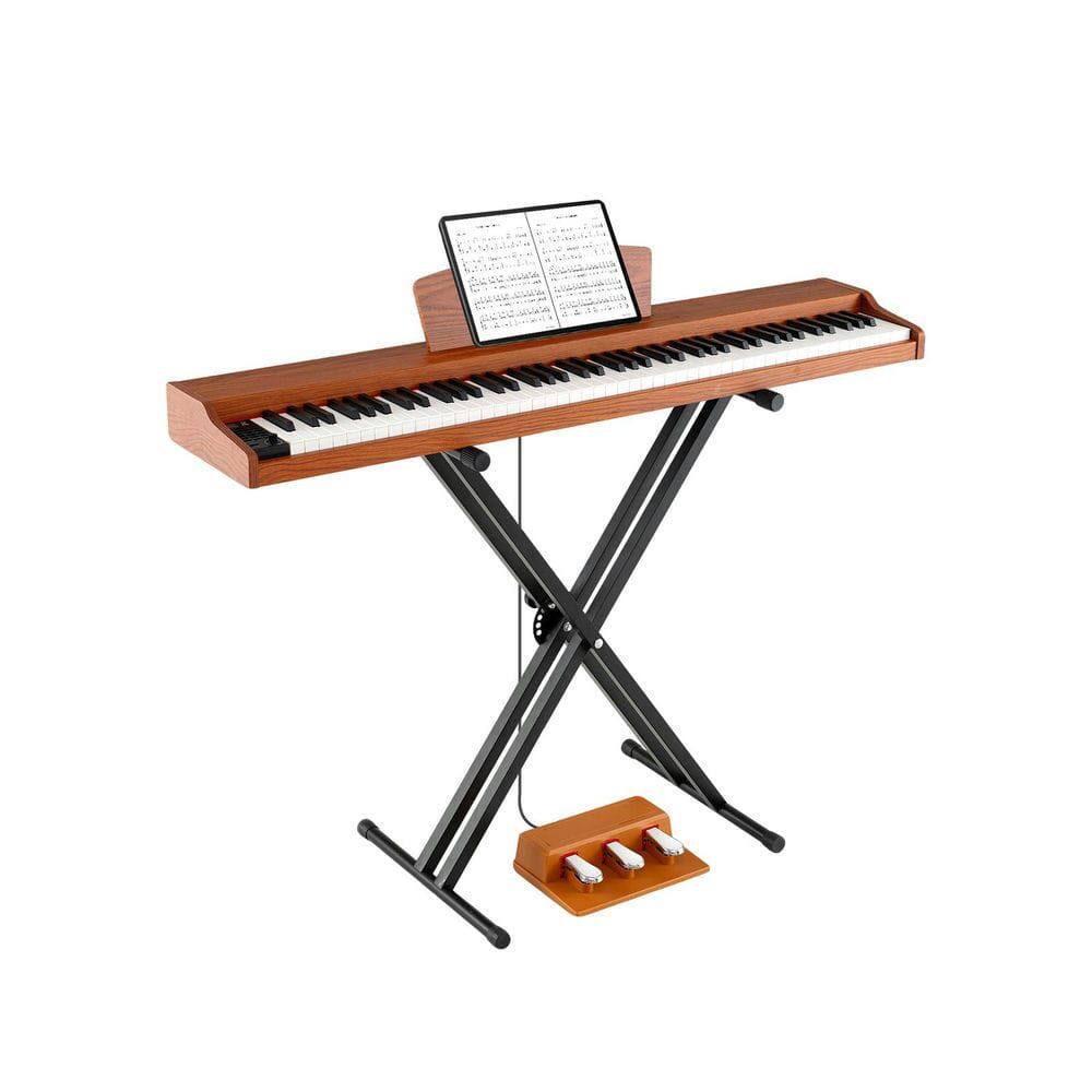 Front. Resenkos - 88-Key Keyboard Piano Set with Adjustable Stand & Bench - Brown.