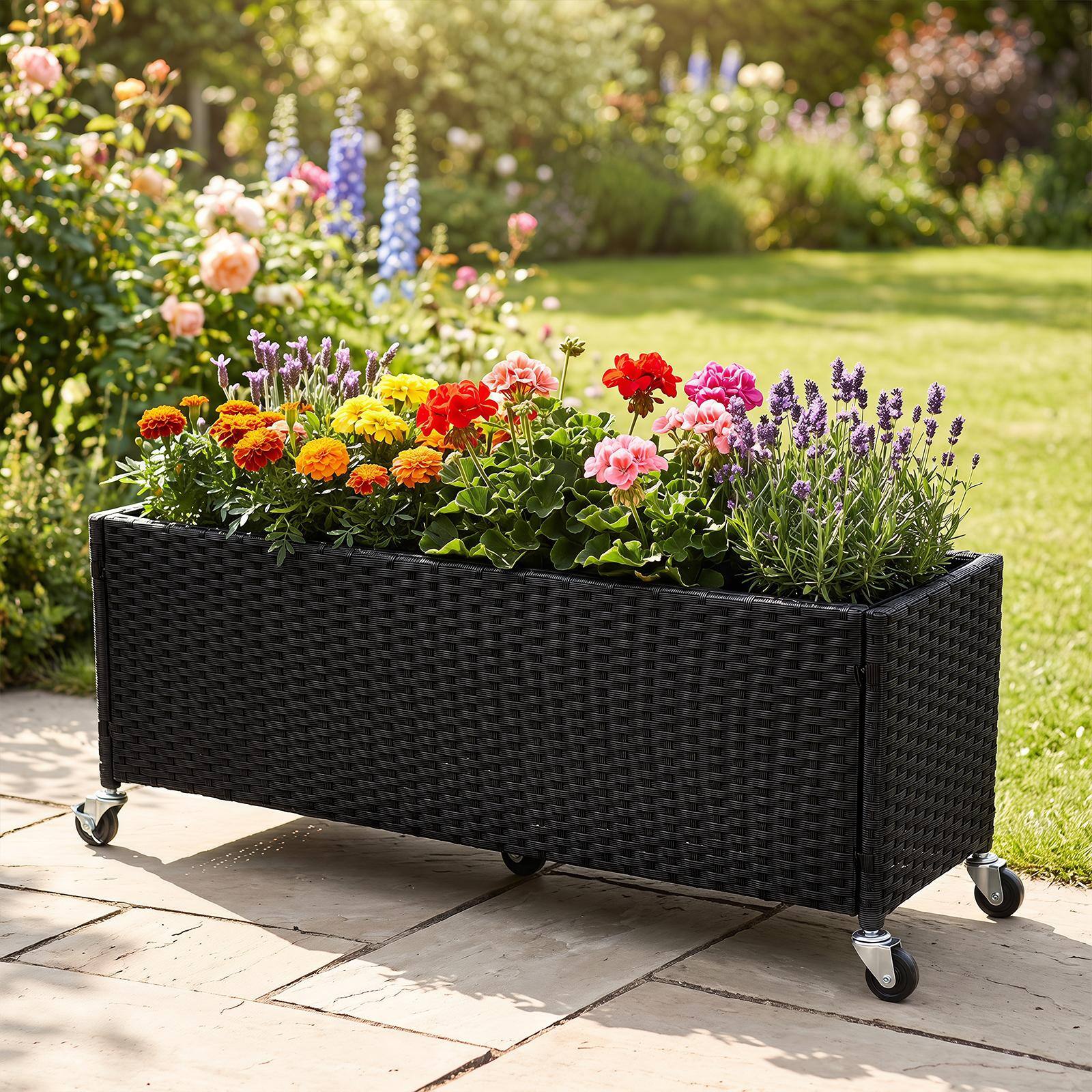 Alt View 4. Costway - Costway Raised Garden Bed with Lockable Wheels, PE Rattan, Liner Fabric for Flower - Black.