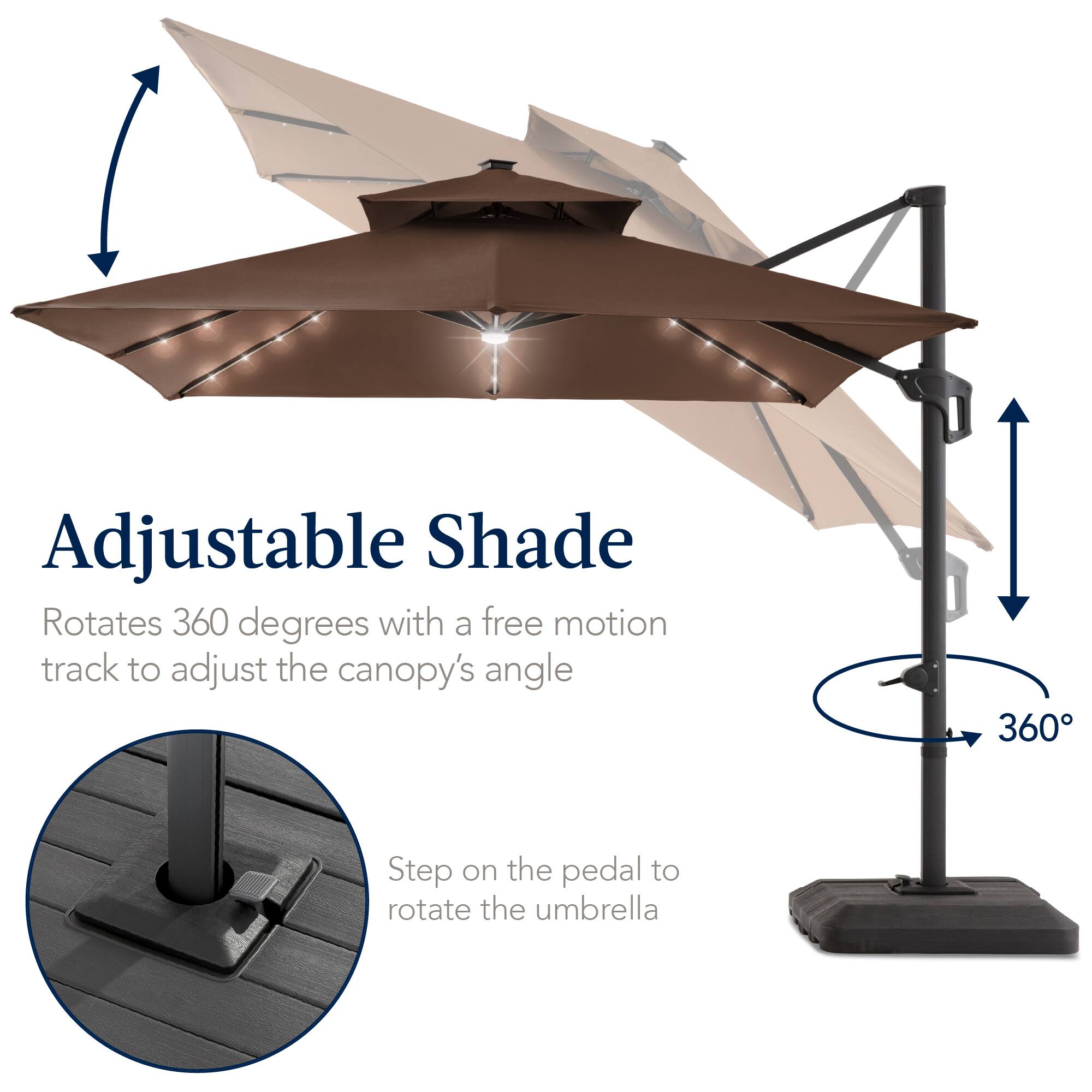Adjustable Shade  
Rotates 360 degrees with a free motion track to adjust the canopy's angle  
Step on the pedal to rotate the umbrella