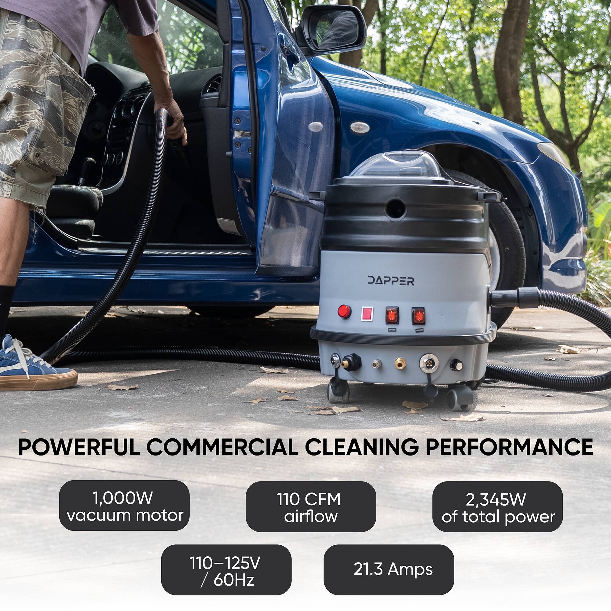 JAPPER  
POWERFUL COMMERCIAL CLEANING PERFORMANCE  
1,000W vacuum motor  
110 CFM airflow  
2,345W of total power  
110-125V / 60Hz  
21.3 Amps