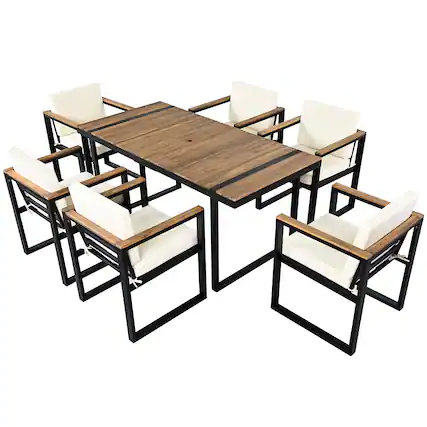 Front. Mondawe - 7 Pieces Outdoor Dining Set with Removable Cushions - Beige.