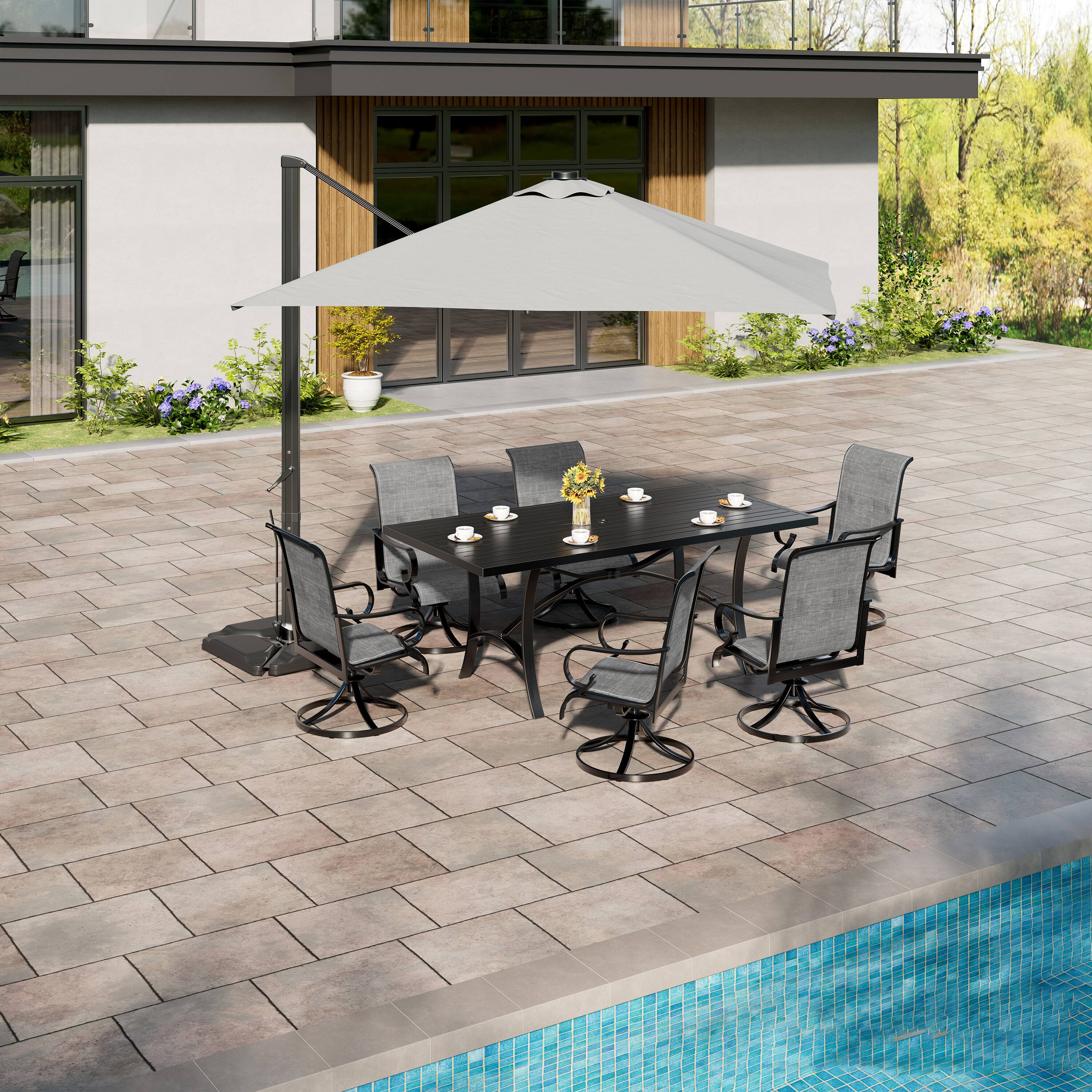 Left. Mondawe - 7-Piece Outdoor Dining Set with Swivel Chairs - Black+Grey.