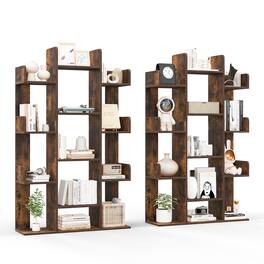 Costway - 2 PCS Bookshelf Tree-Shaped Bookcase with 13 Storage Shelf Rustic Industrial Style - Brown