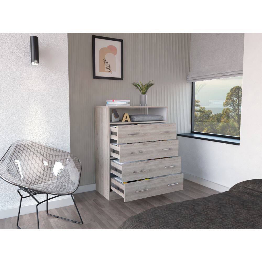 Back. TuHome - Peru L Four Drawer Dresser, Superior Top, One Open Shelf - Light Gray / White.