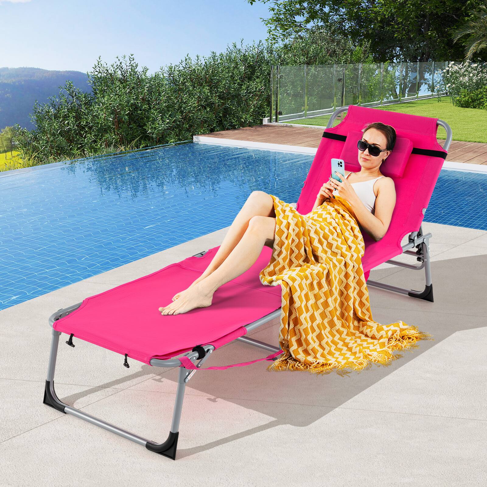 Alt View 1. Gymax - Gymax Outdoor Folding Chaise 5-Position Lounge Chair w/ Face Hole & Adjustable Footrest Pink - Pink.