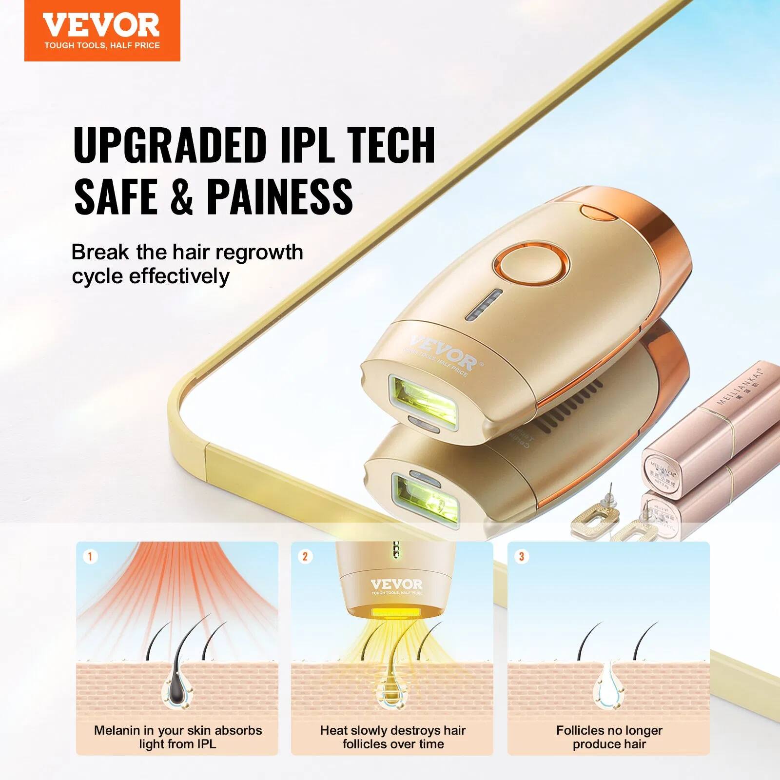VEVOR  
TOUGH TOOLS, HALF PRICE  

UPGRADED IPL TECH  
SAFE & PAINLESS  

Break the hair regrowth cycle effectively  

1. Melanin in your skin absorbs light from IPL  
2. Heat slowly destroys hair follicles over time  
3. Follicles no longer produce hair