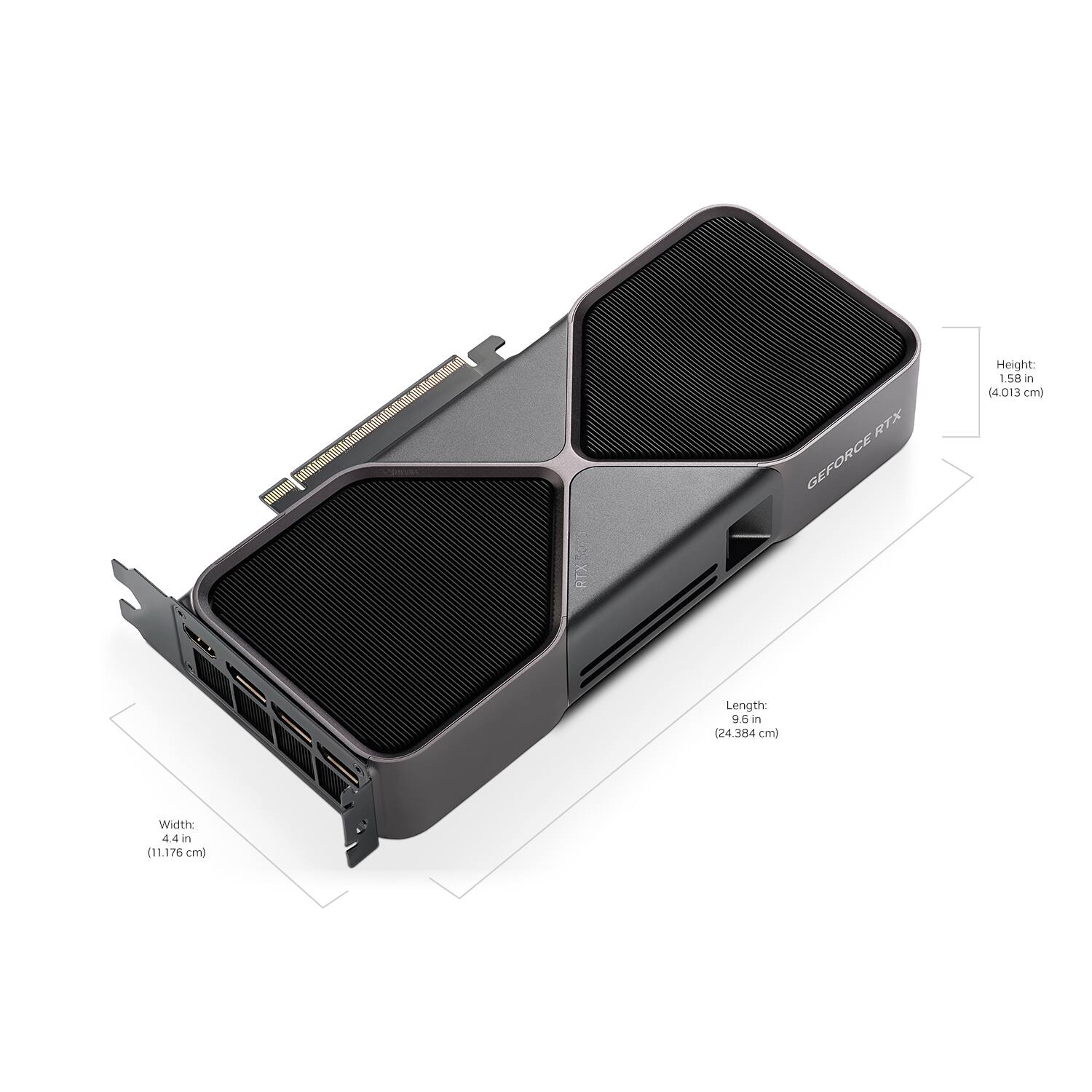 The image features a RTX GeForce device, which is a type of computer hardware. The device has a height of 1.58 inches (4.013 cm), a length of 96 inches (24.384 cm), and a width of 4.4 inches (11.176 cm).