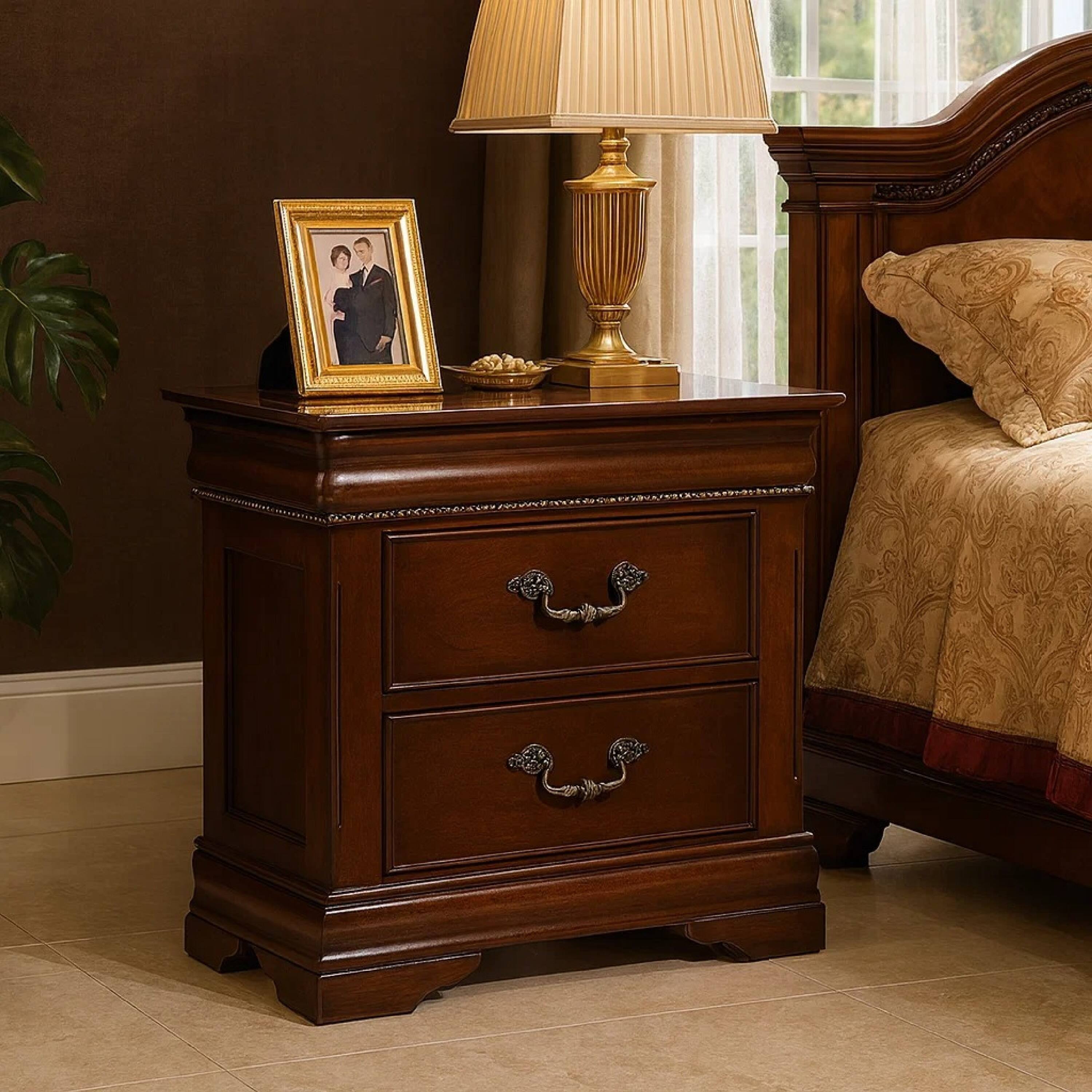 Alt View 6. Manhattan Lane - 2 Drawer Wooden Nightstand with Hidden Top Drawer and Metal Handles - Brown.