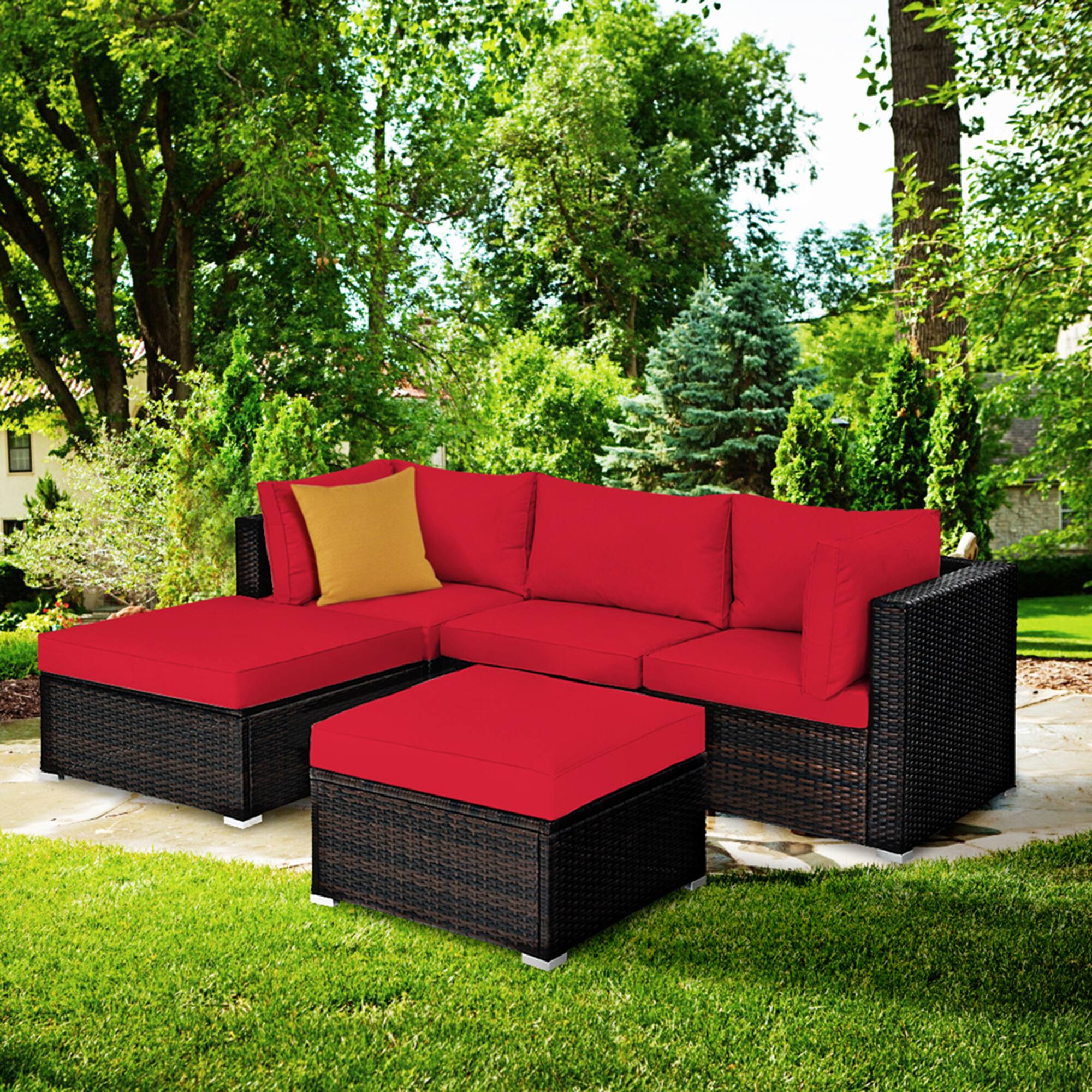 Alt View 2. Gymax - Gymax 5PCS Rattan Patio Conversation Set Outdoor Furniture Set w/ Ottoman Red Cushion - Red.