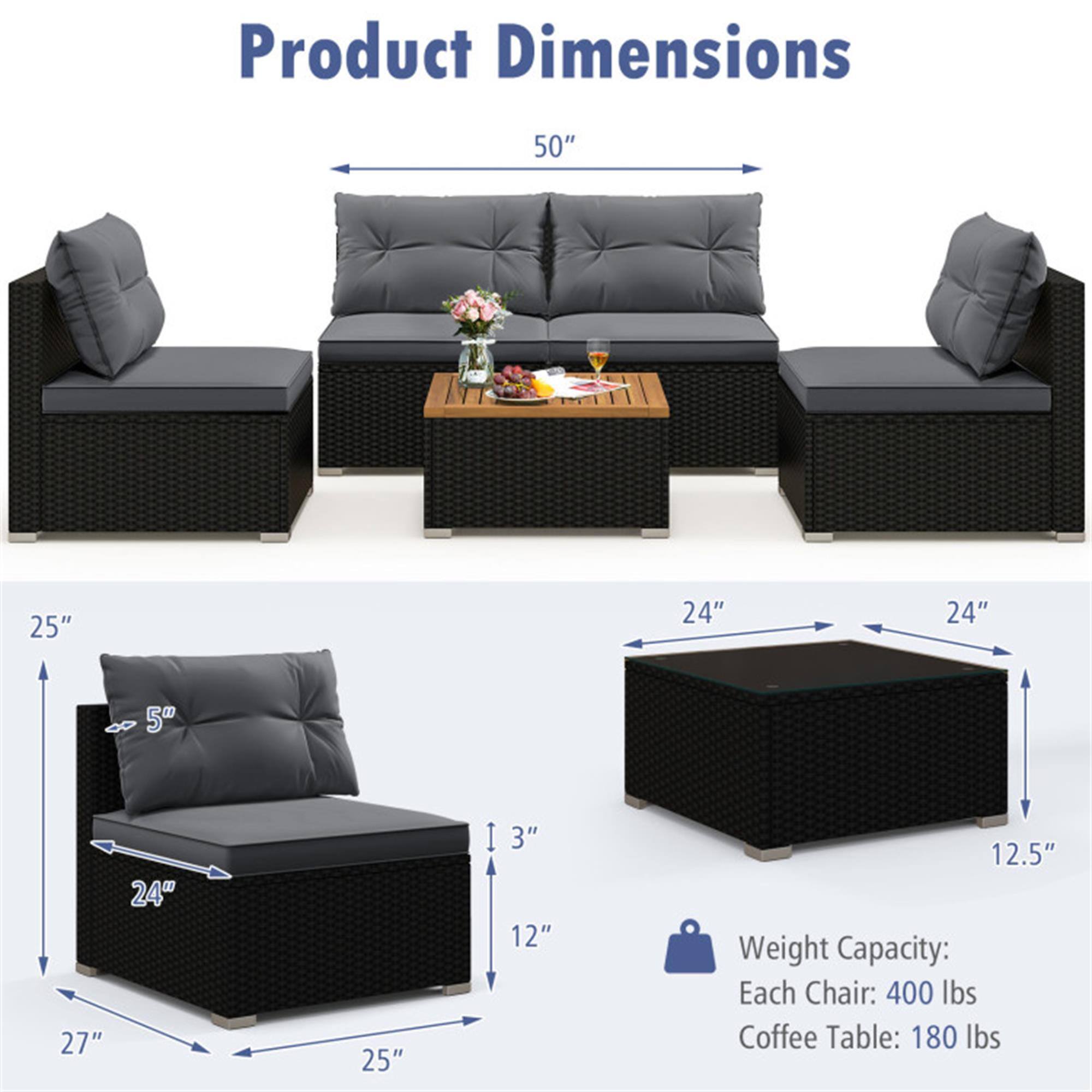 Product Dimensions  
50" x 25" x 24" x 24" x 5" x 27" x 24" x 25" x 3" x 12" x 12.5"  

Weight Capacity:  
Each Chair: 400 lbs  
Coffee Table: 180 lbs