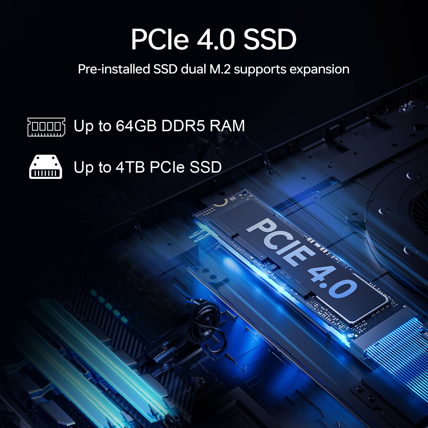 PCle 4.0 SSD  
Pre-installed SSD dual M.2 supports expansion  

Up to 64GB DDR5 RAM  
Up to 4TB PCle SSD