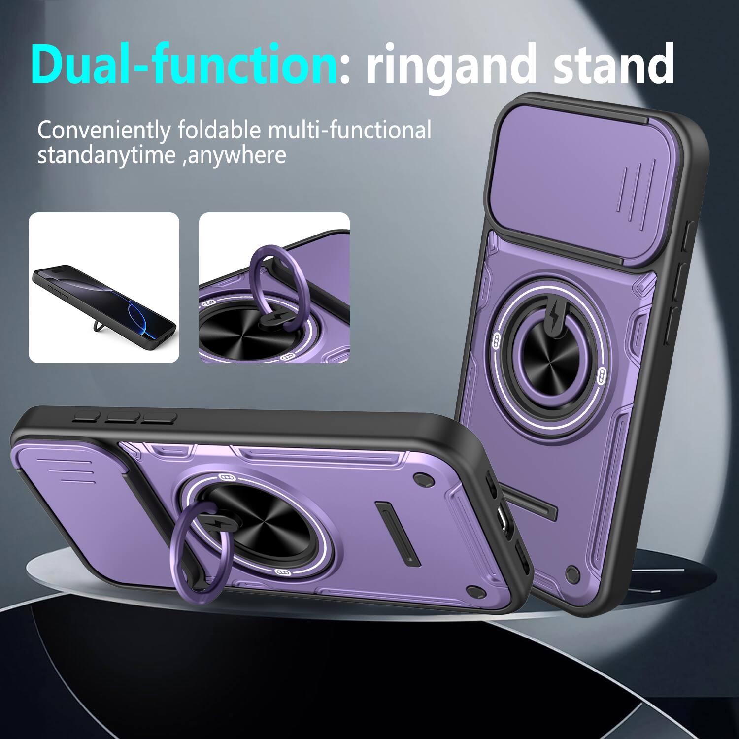 Dual-function: ring and stand  
Conveniently foldable multi-functional stand anytime, anywhere