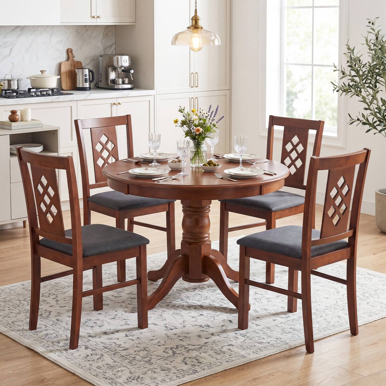 Alt View 4. Costway - Costway Dining Chairs Set of 4, Linen Style Upholstered Kitchen Chairs with Wood Frames - Brown + Gray.