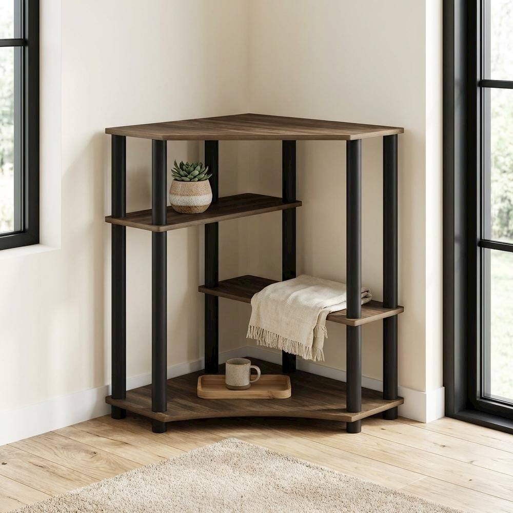 Left. BisonOffice - Corner Office Desk With Shelves, Columbia Walnut And Black Finish - Columbia Walnut/Black.