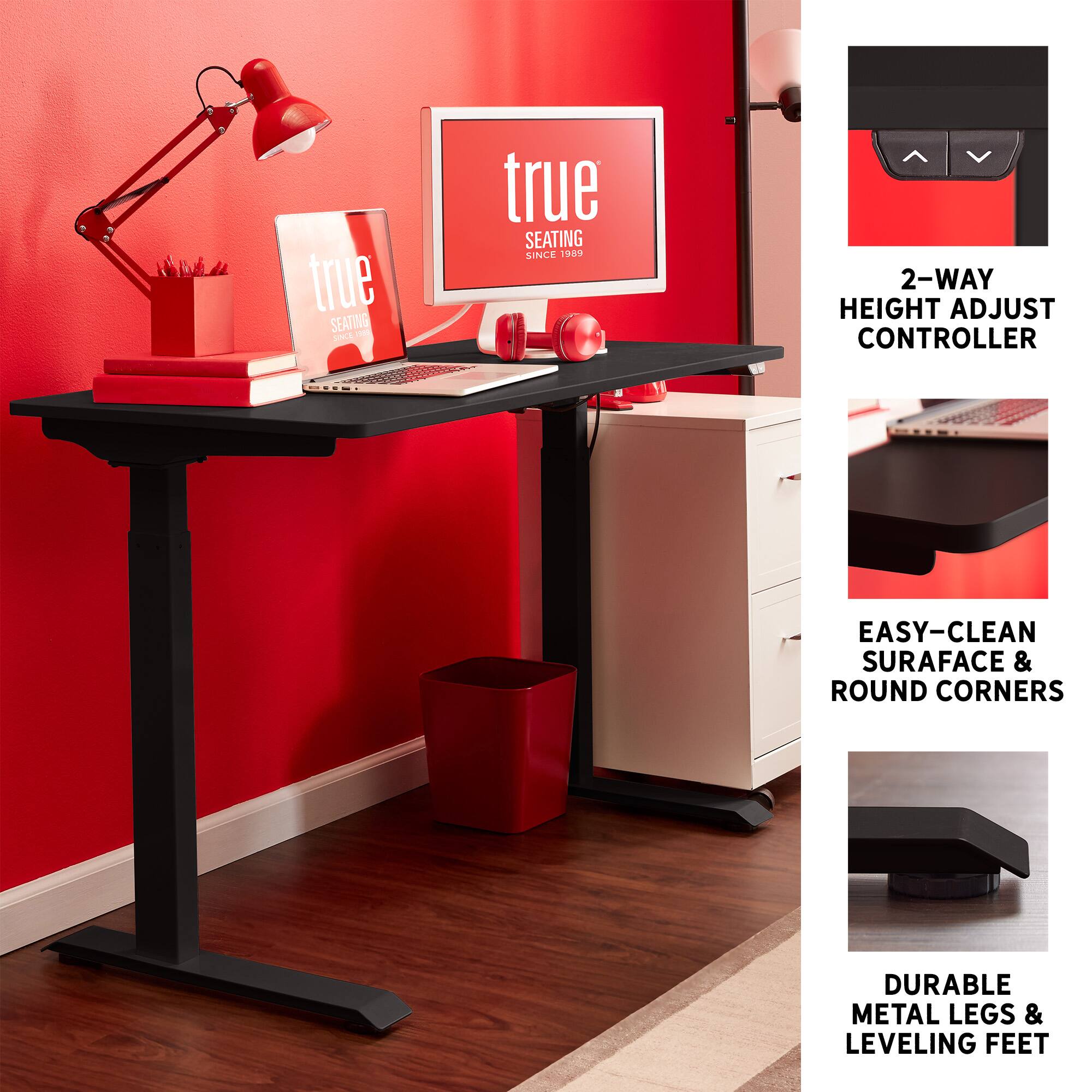 True Seating has been in business since 1989 and offers a 2-way height adjust controller for easy use. The desk is easy to clean and features a durable metal construction with leveling feet.